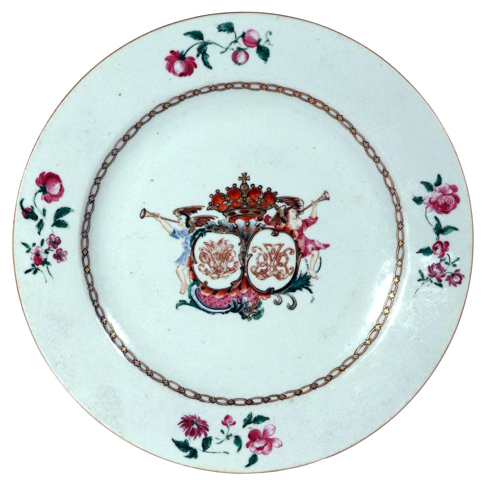 Chinese Export Porcelain Armorial Double Cypher Dinner Plate, Dutch Market For Sale