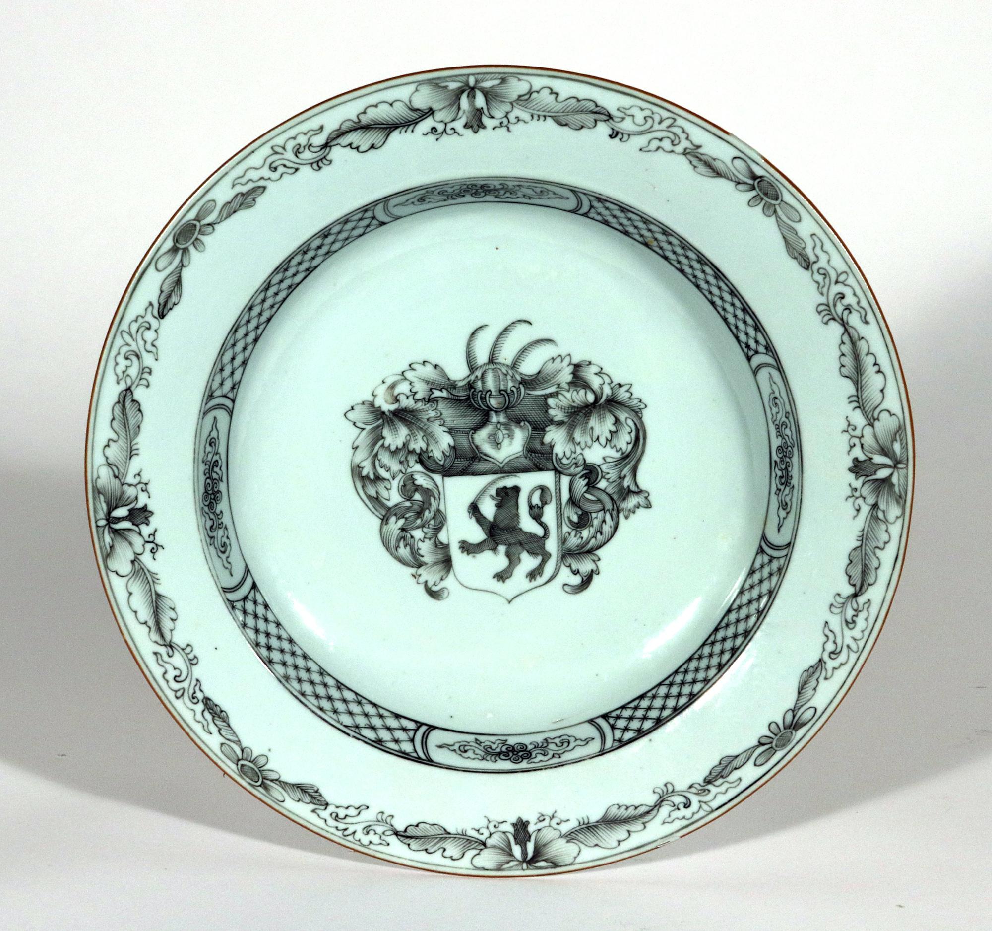 Chinese Export Porcelain Armorial En Grisaille Soup Plates,
Pair,
Circa 1745

Chinese Export porcelain armorial en grisaille services are unusual to find.  This striking pair of soup plates are well painted in en grisaille only with no gold also. 