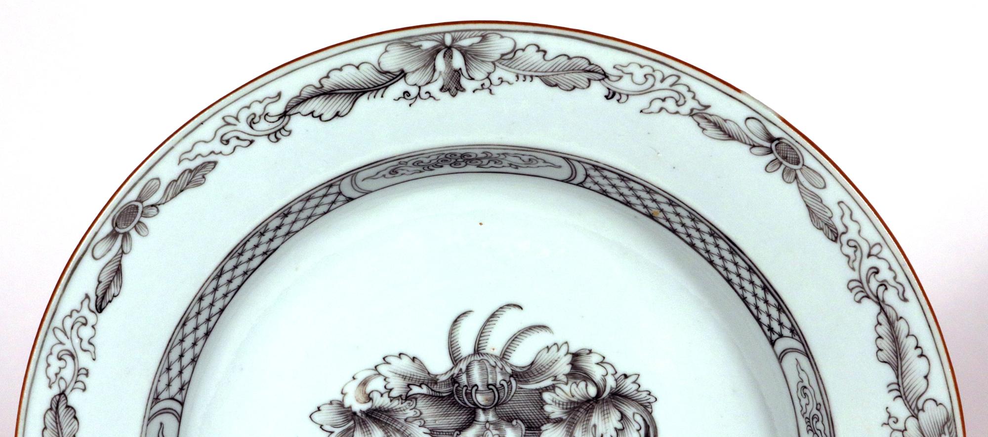 Mid-18th Century Chinese Export Porcelain Armorial En Grisaille Soup Plates For Sale