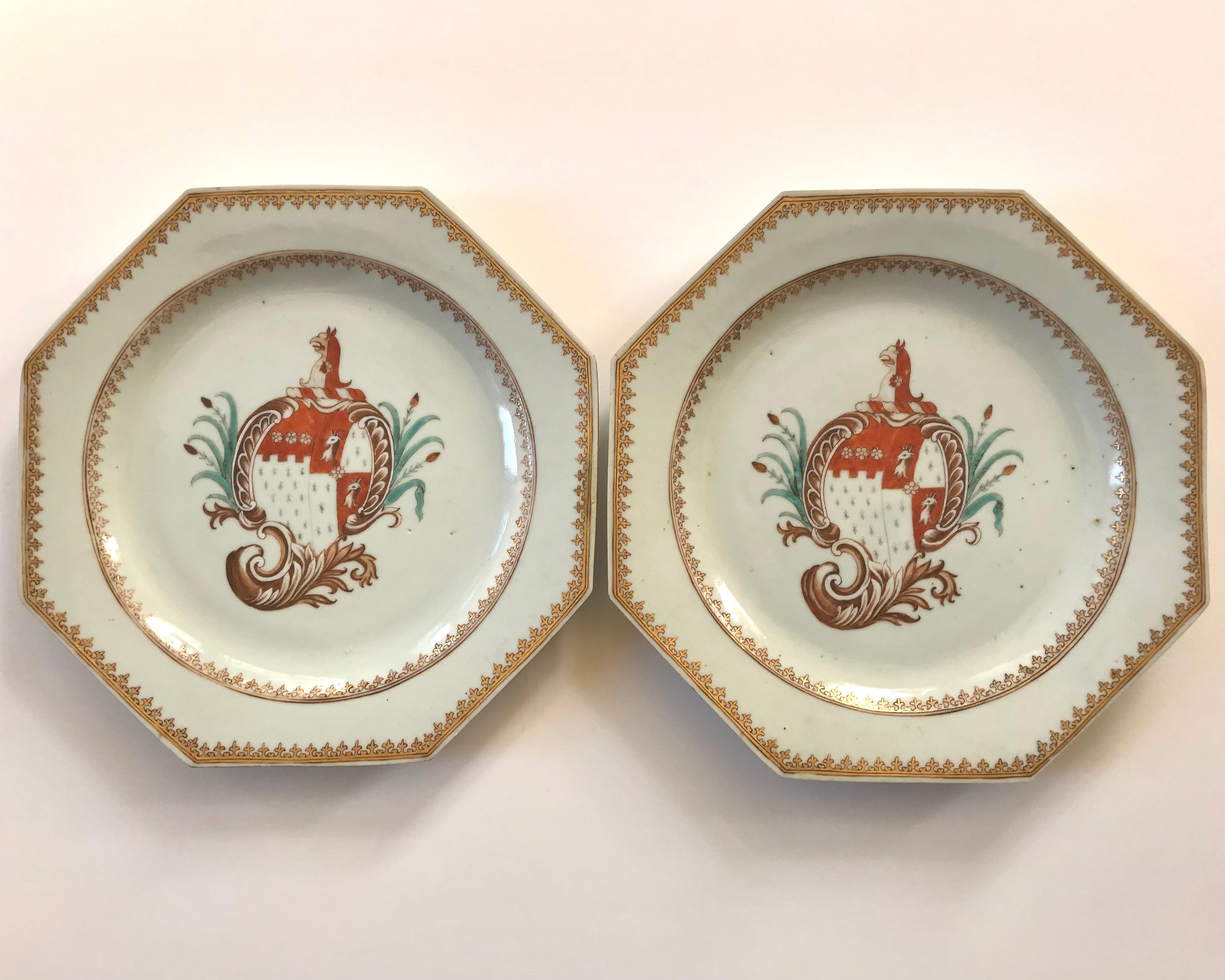 A pair of Chinese export armorial octagonal plates, 
Qianlong period, Ca. 1765
18th century
Diameter: 9 Inches

Condition: very good with glazing slips and very minor flea bites to edged. Please look at photos.

AVANTIQUES is dedicated to providing