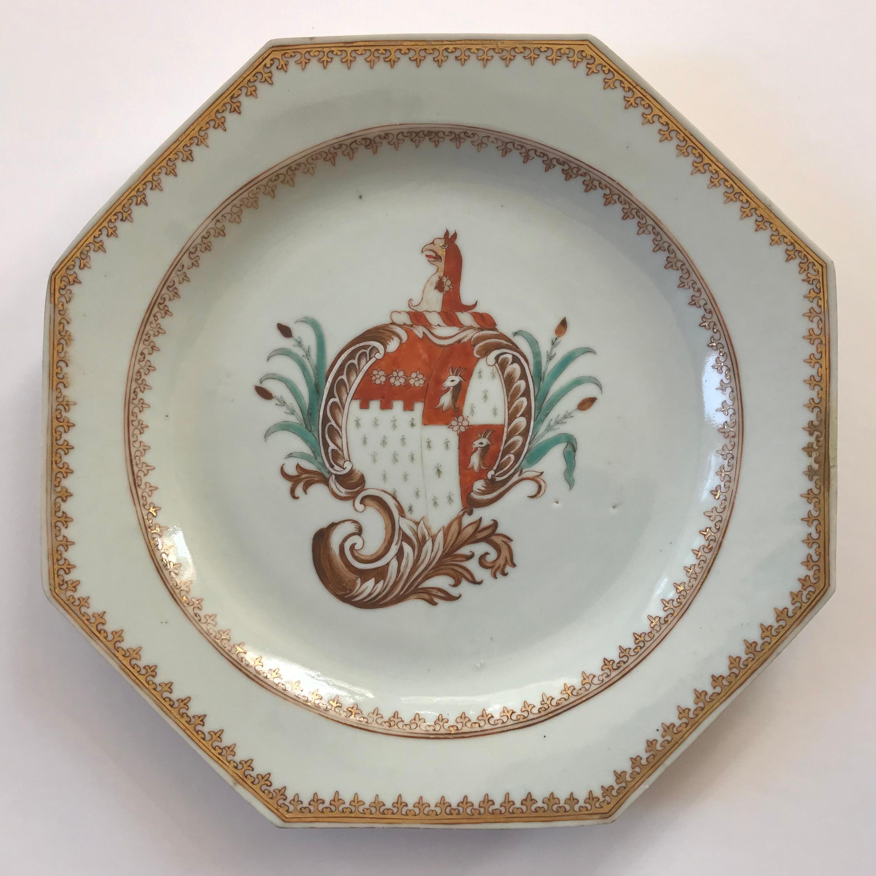 Enameled Chinese Export Porcelain Armorial Hexagonal Plates For Sale