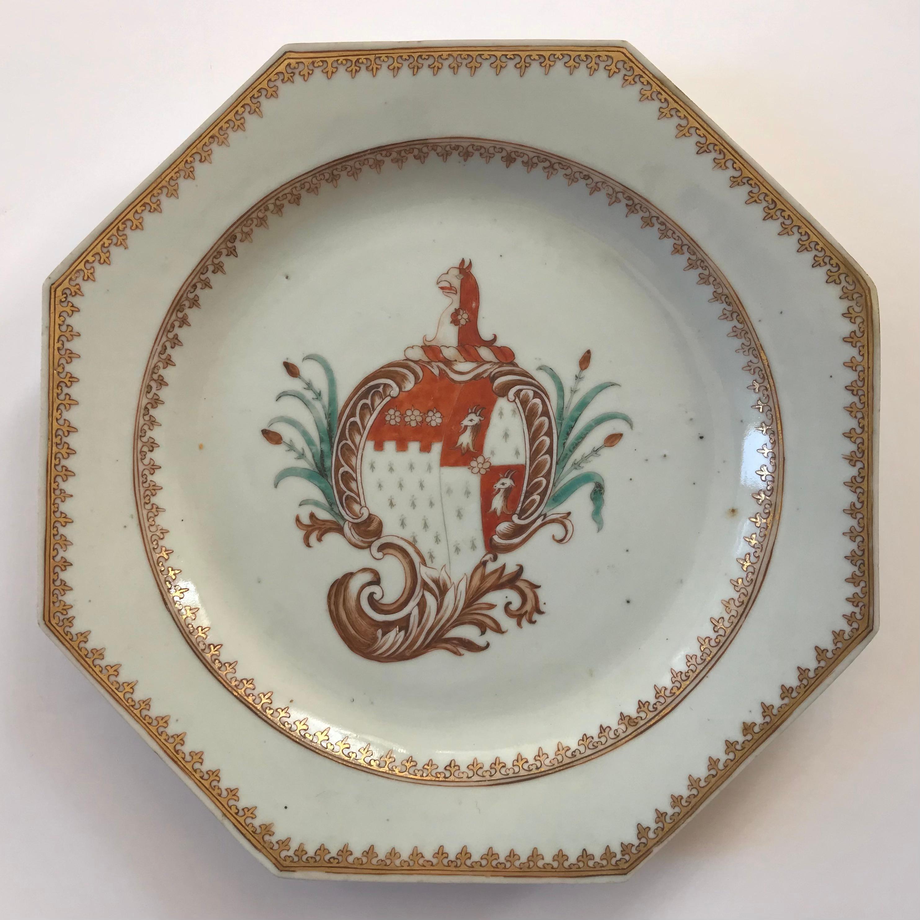 Late 18th Century Chinese Export Porcelain Armorial Hexagonal Plates For Sale