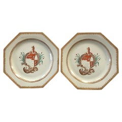 Antique Chinese Export Porcelain Armorial Hexagonal Plates