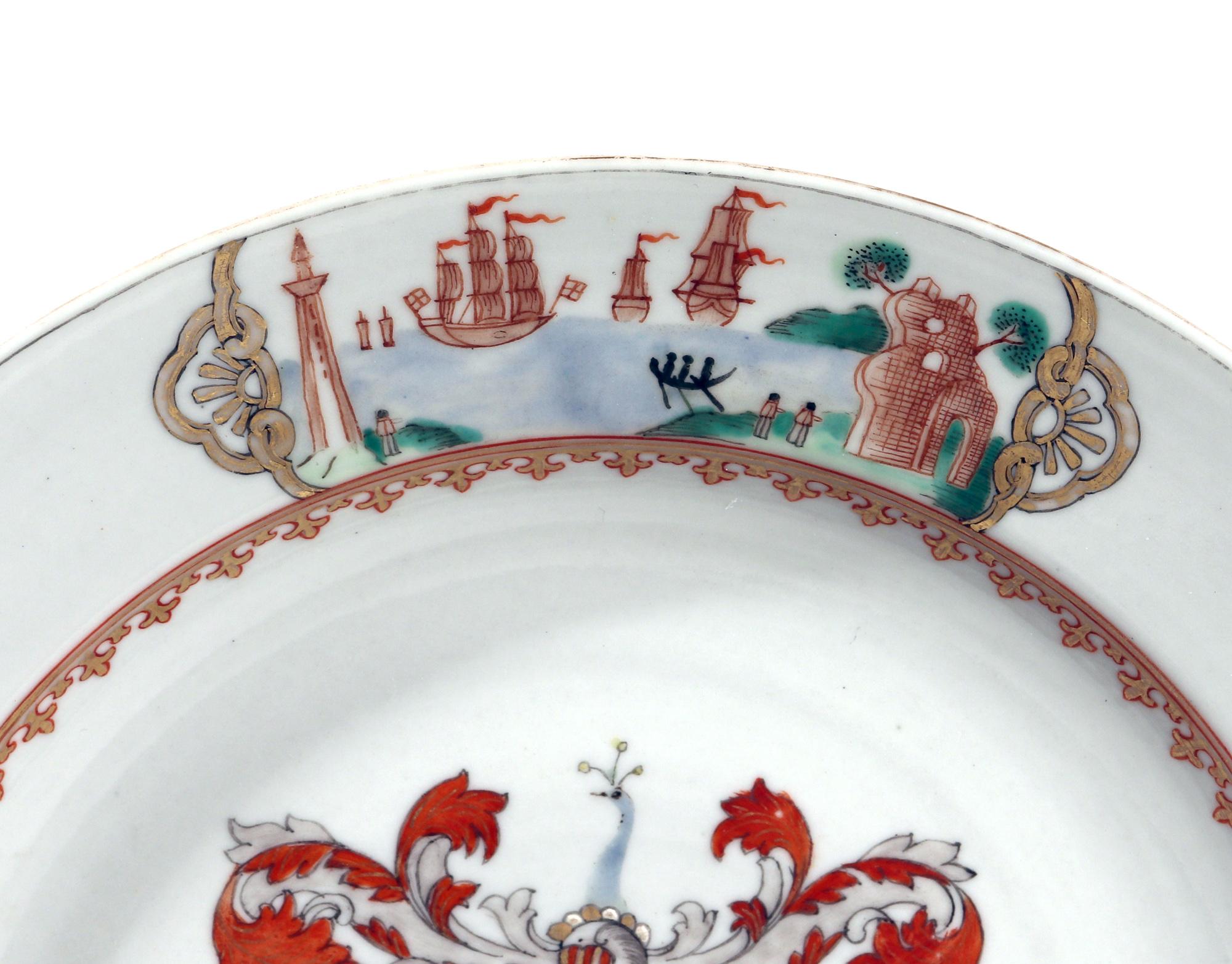 Chinese Export Porcelain armorial plate, 
Coat of Arms of Arbuthnott,
Circa 1745

The Chinese armorial porcelain plate is painted in famille rose enamels with the Arms of Arbuthnott in the center and with the motto Laus Deo (Praise be to God)
