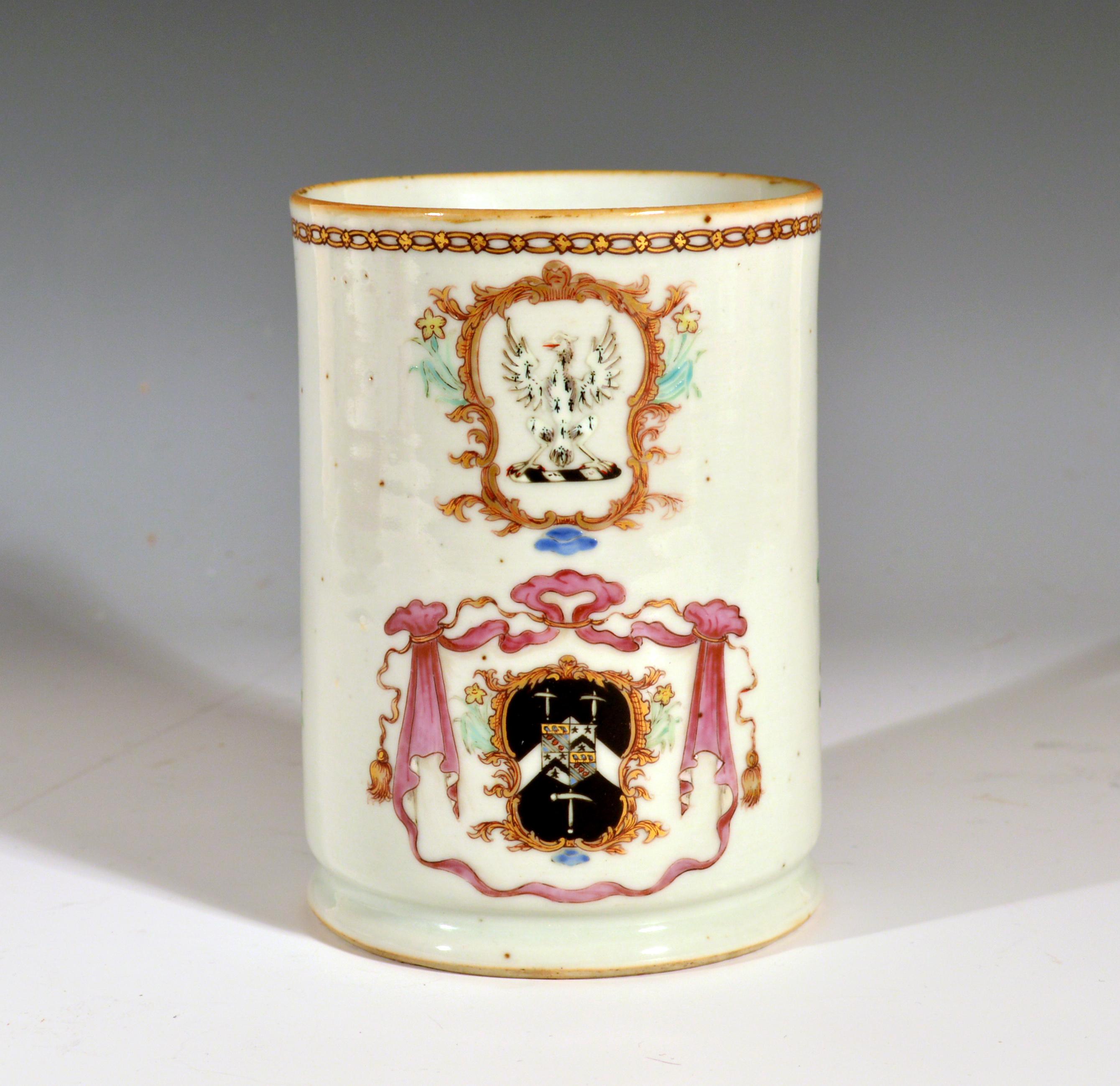 18th Century Chinese Export Porcelain Armorial Tankard, Mosey with Pulleyne in Prentice For Sale