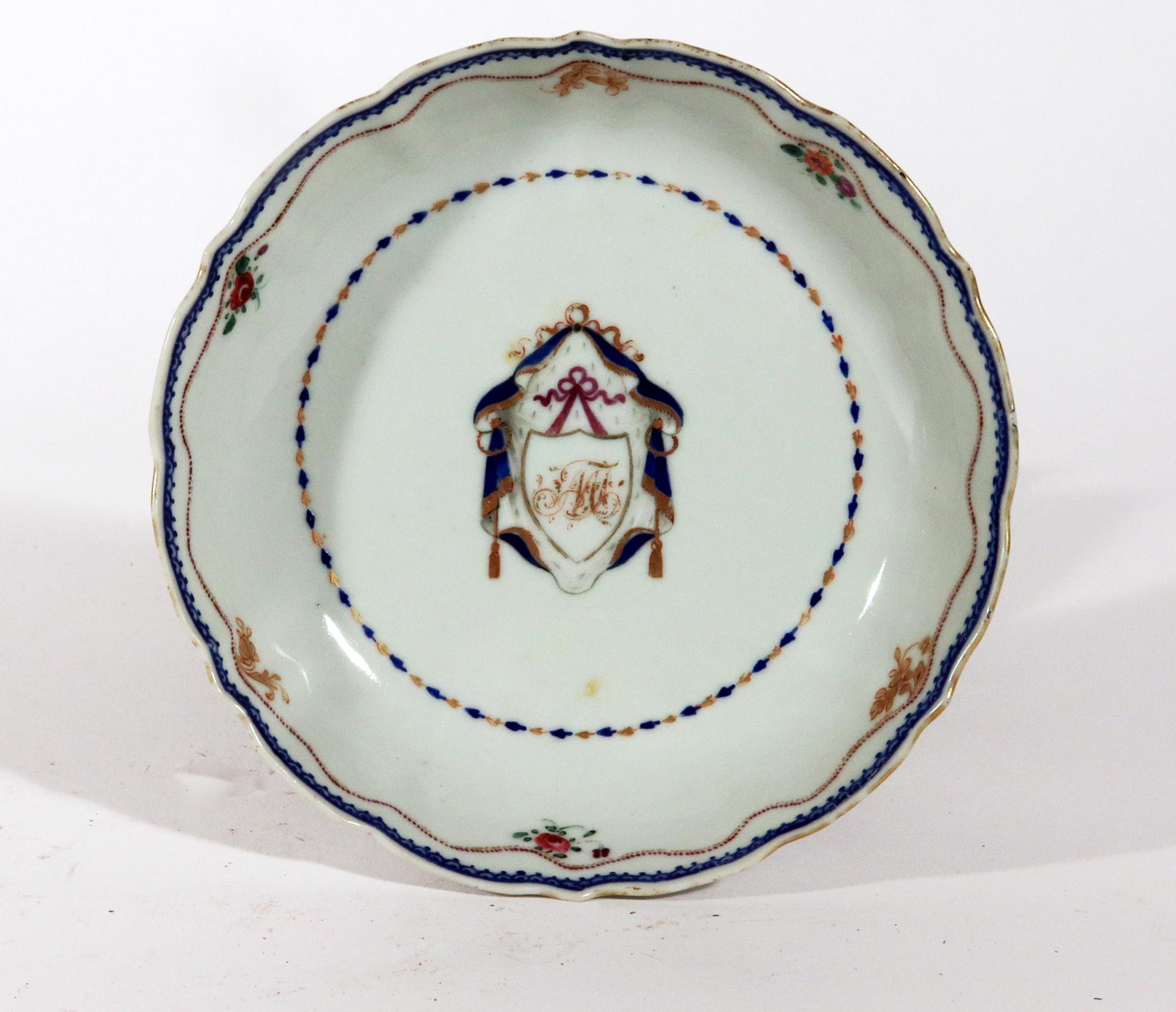 Chinese Export Porcelain Armorial Tea Bowl & Saucer with Initials MJ In Good Condition For Sale In Downingtown, PA