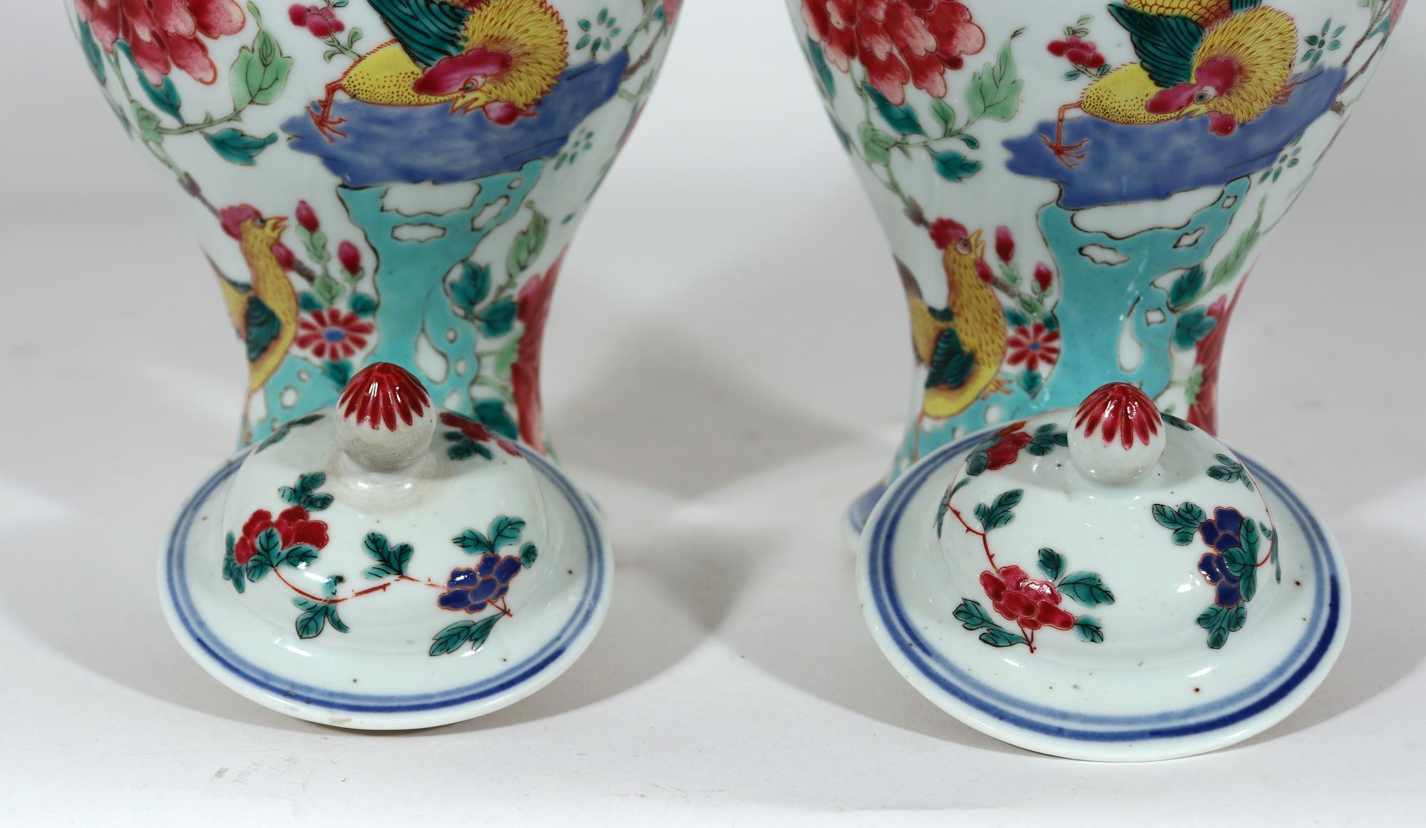 Chinese Export Porcelain Baluster Famille Rose Vases With Cockerels 6