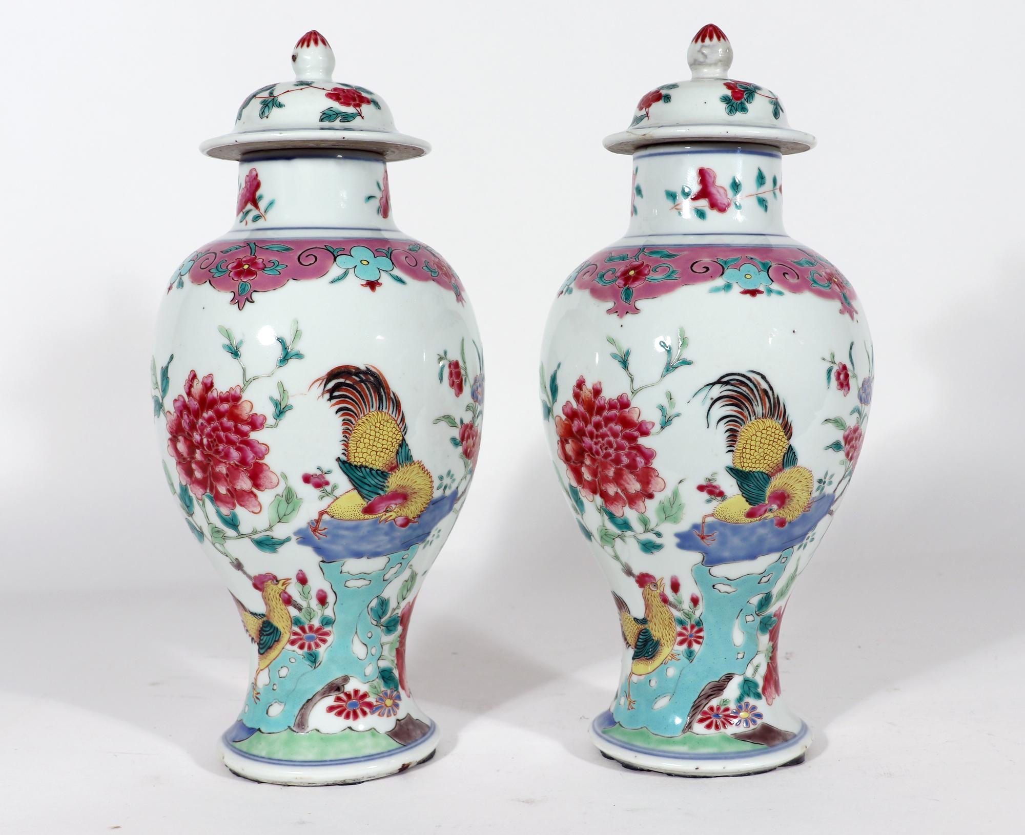 Mid-18th Century Chinese Export Porcelain Baluster Famille Rose Vases With Cockerels