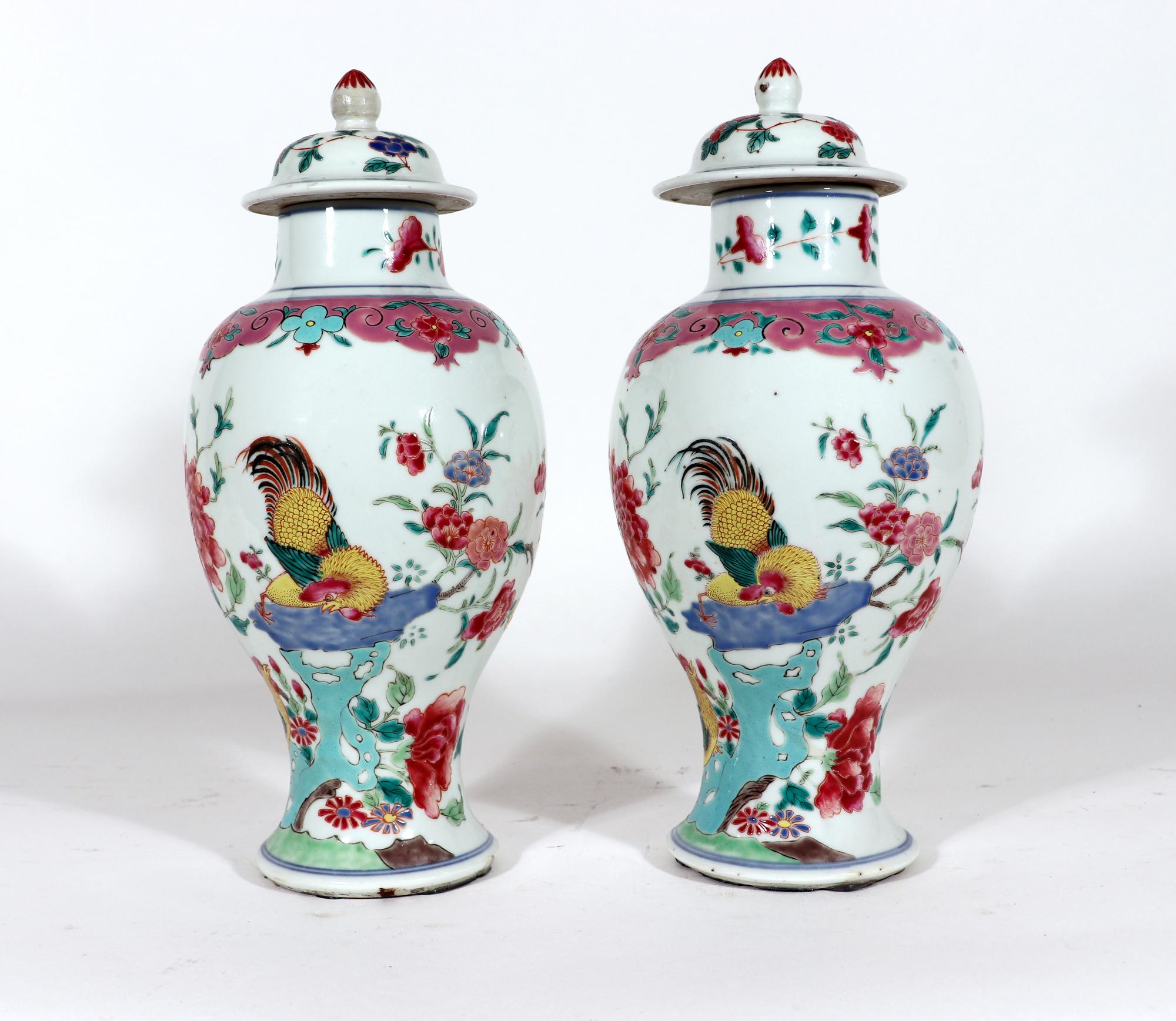 Chinese Export Porcelain Baluster Famille Rose Vases With Cockerels 1