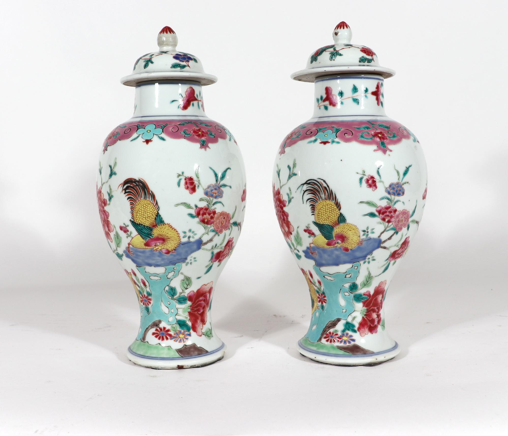 Chinese Export Porcelain Baluster Famille Rose Vases With Cockerels 2