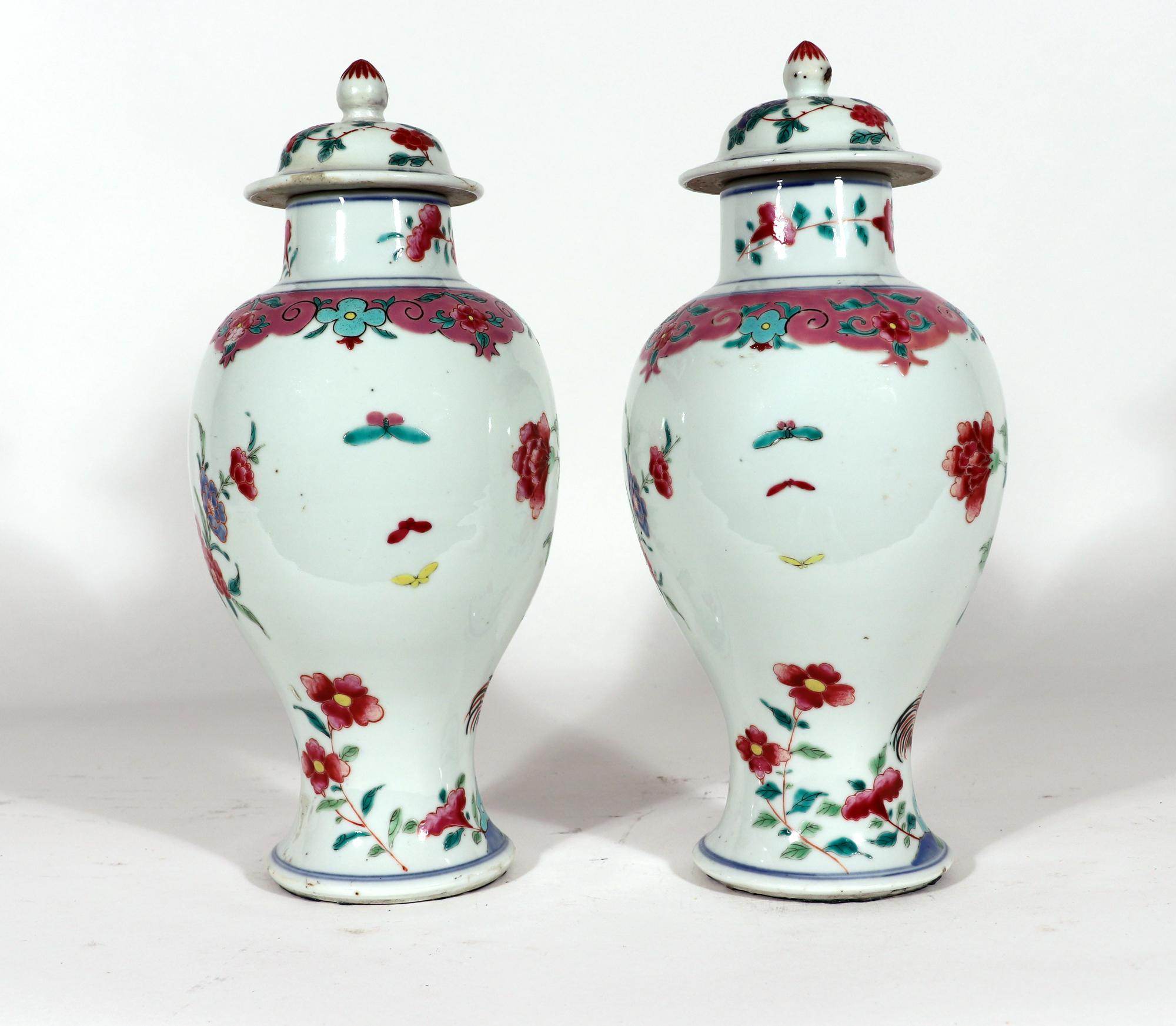 Chinese Export Porcelain Baluster Famille Rose Vases With Cockerels 4
