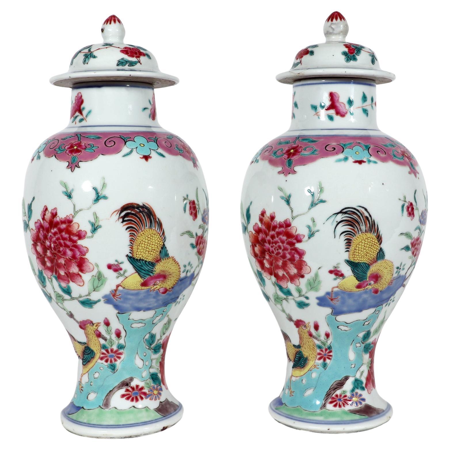 Chinese Export Porcelain Baluster Famille Rose Vases With Cockerels