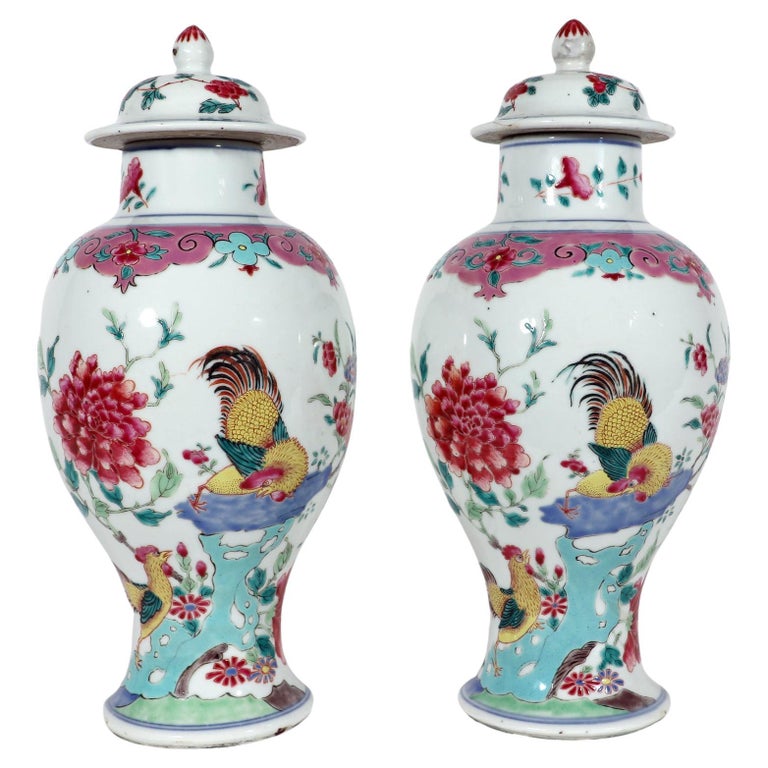 Chinese Export Porcelain Baluster Famille Rose Vases With Cockerels For ...