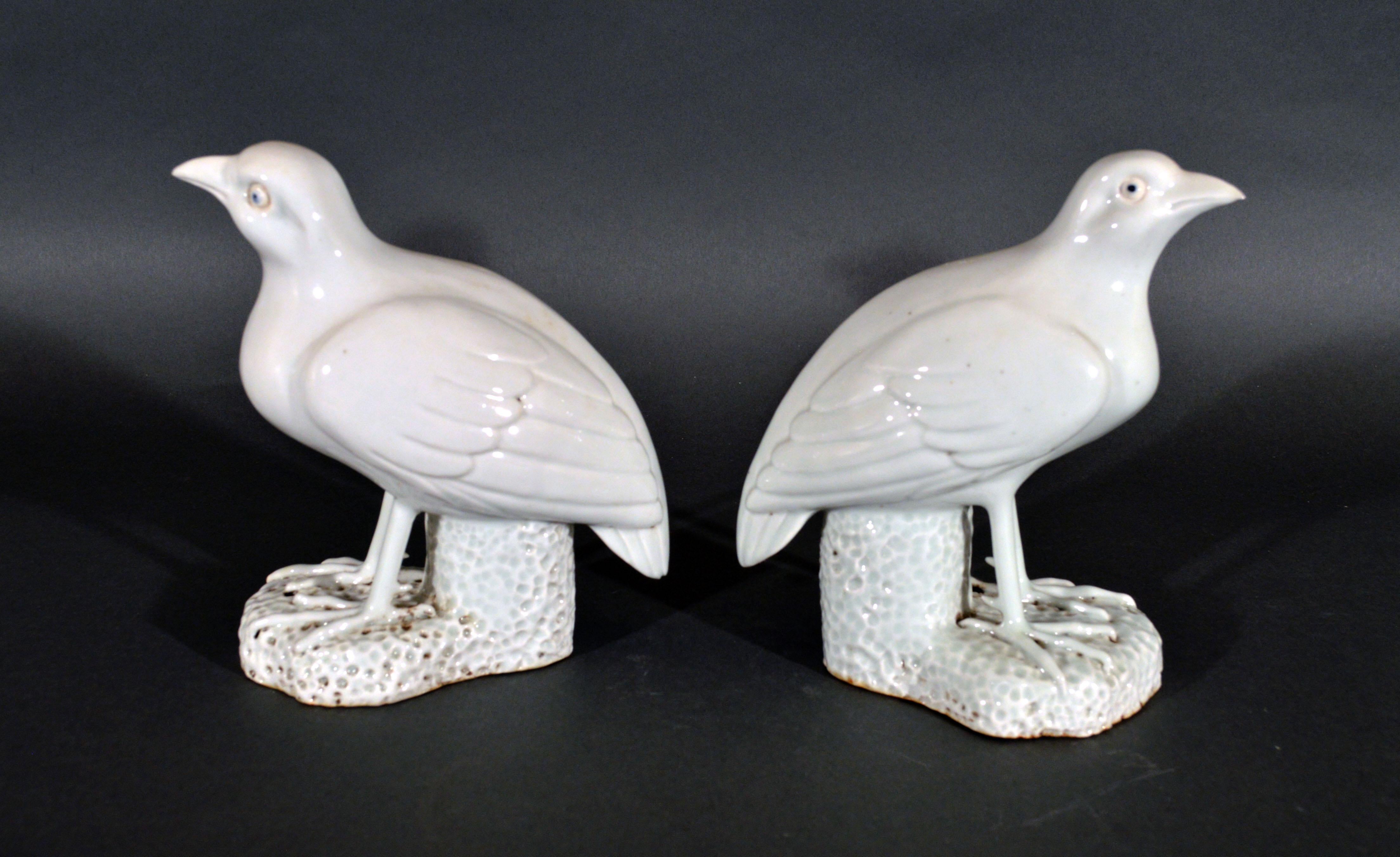 Chinese Export Porcelain Blanc de Chine figures of quail,
19th century
(NY9384-IIR)

The rare white Chinese Export models of quail stand of their two legs with their body supported by a rockwork base. The figures face the same way but display