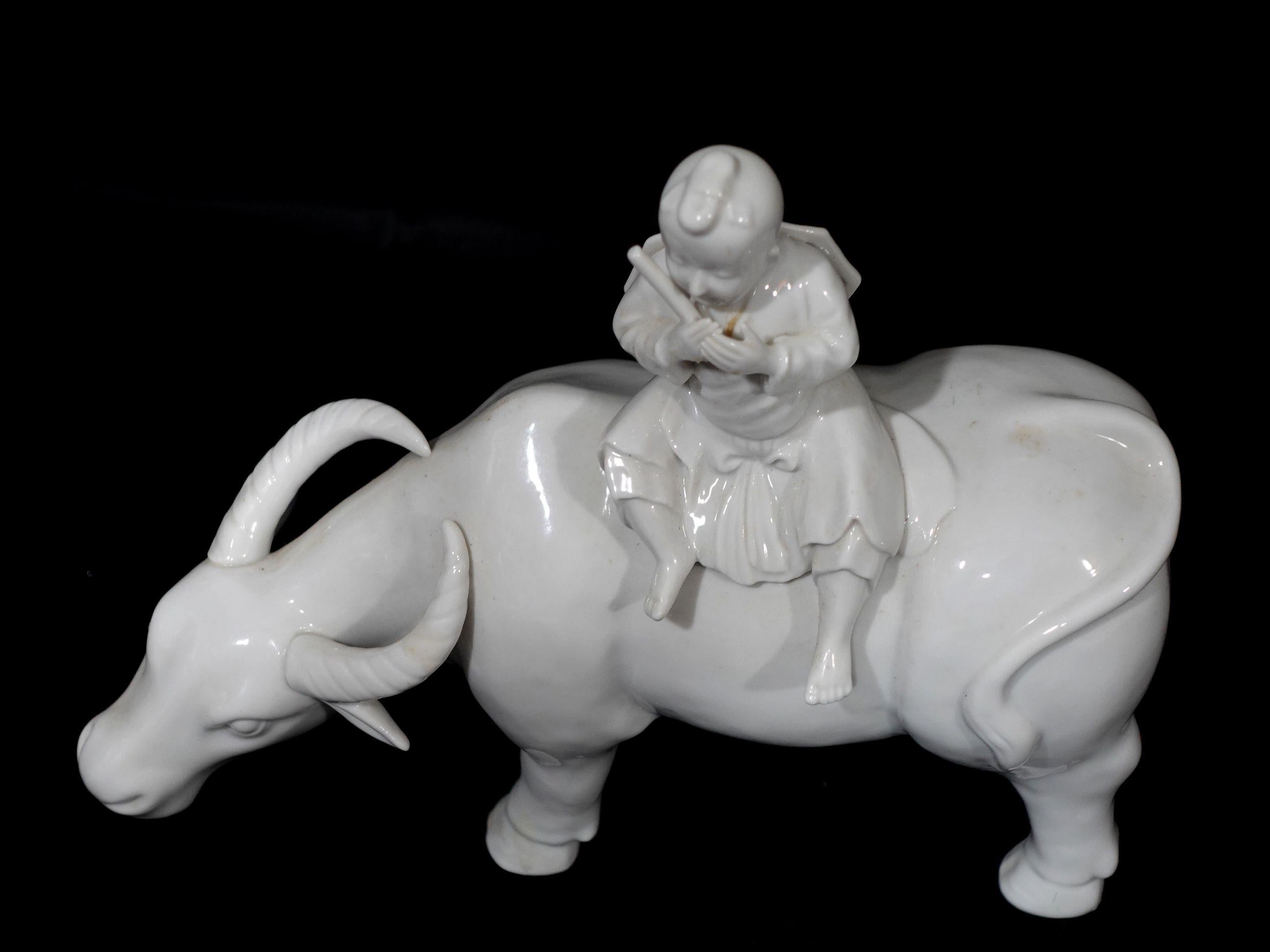 Hand-Crafted Chinese Export Porcelain Blanc de chine Water Buffalo with Child Riding For Sale