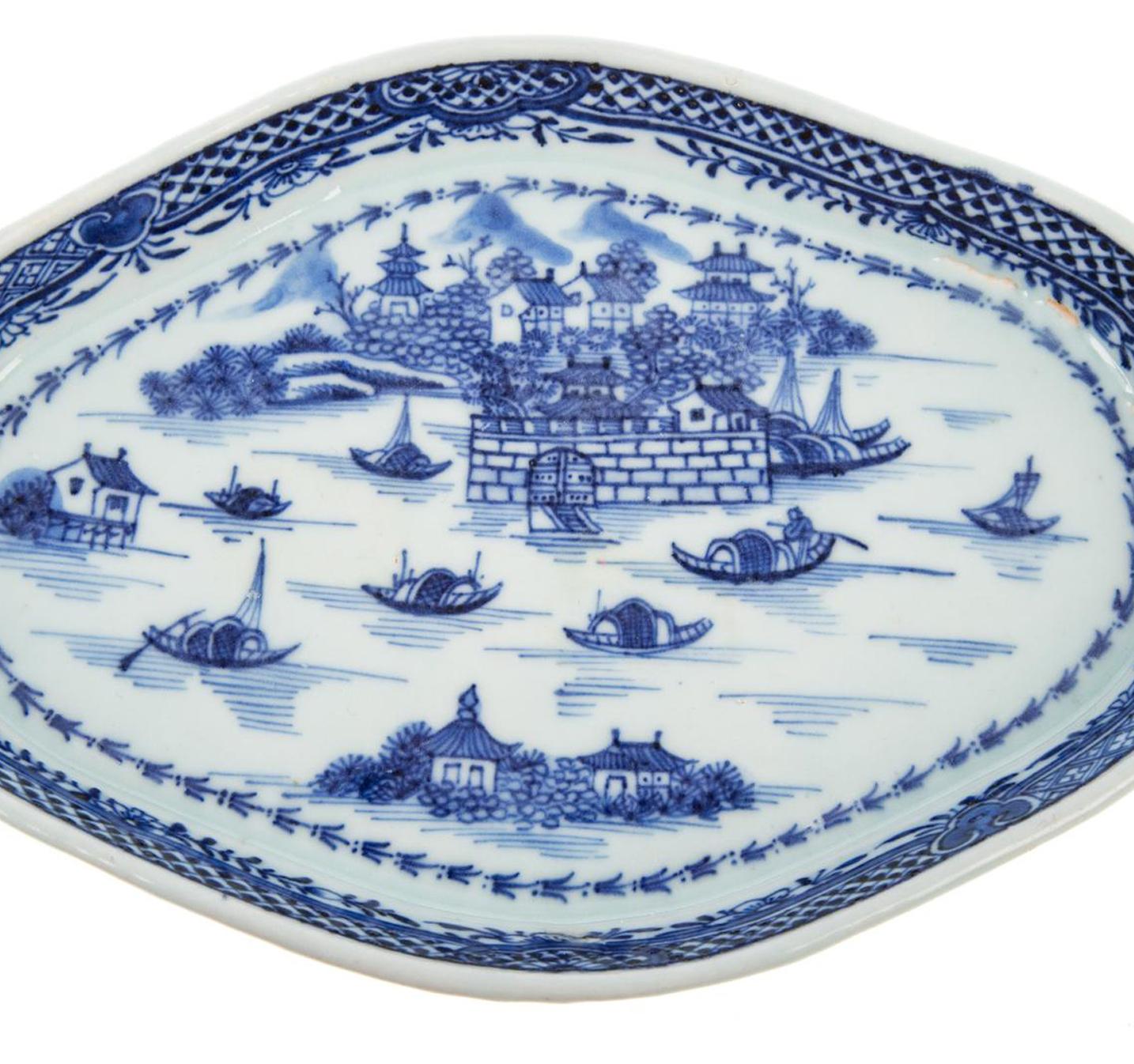18th Century Chinese Export Porcelain Blue & White Spoon Tray with the Dutch Folly Fort For Sale