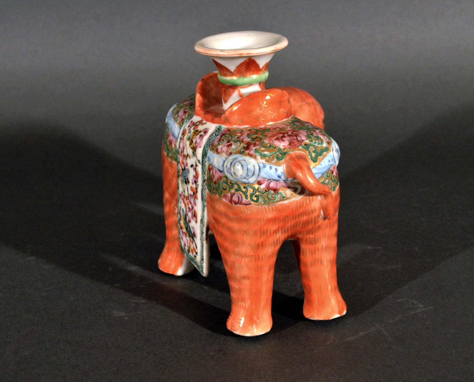 Chinese Export Porcelain Canton Famille Rose Elephant Modeled as a Candlestick In Good Condition In Downingtown, PA