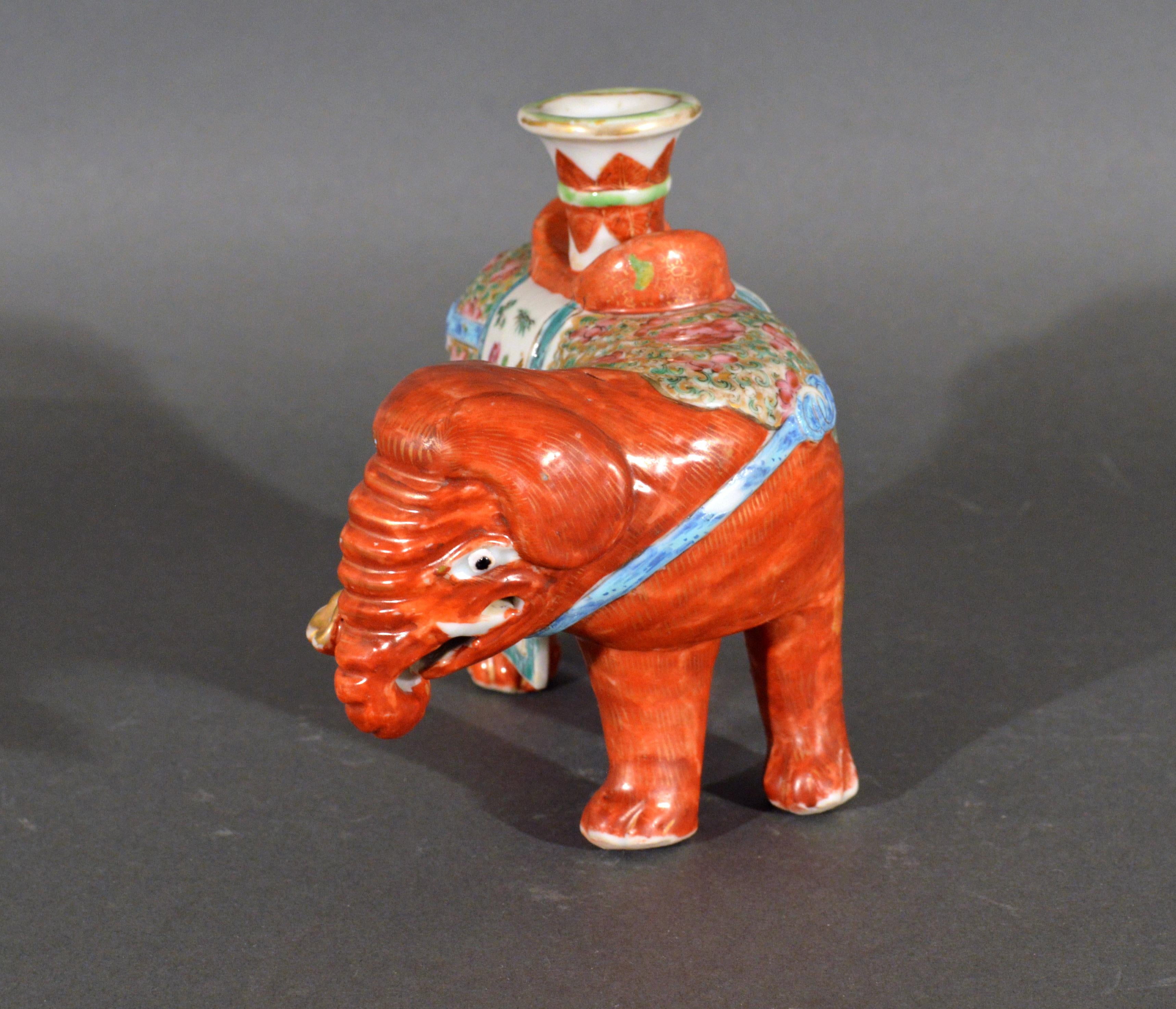 Chinese Export Porcelain Canton Famille Rose Elephant Modeled as a Candlestick In Good Condition For Sale In Downingtown, PA