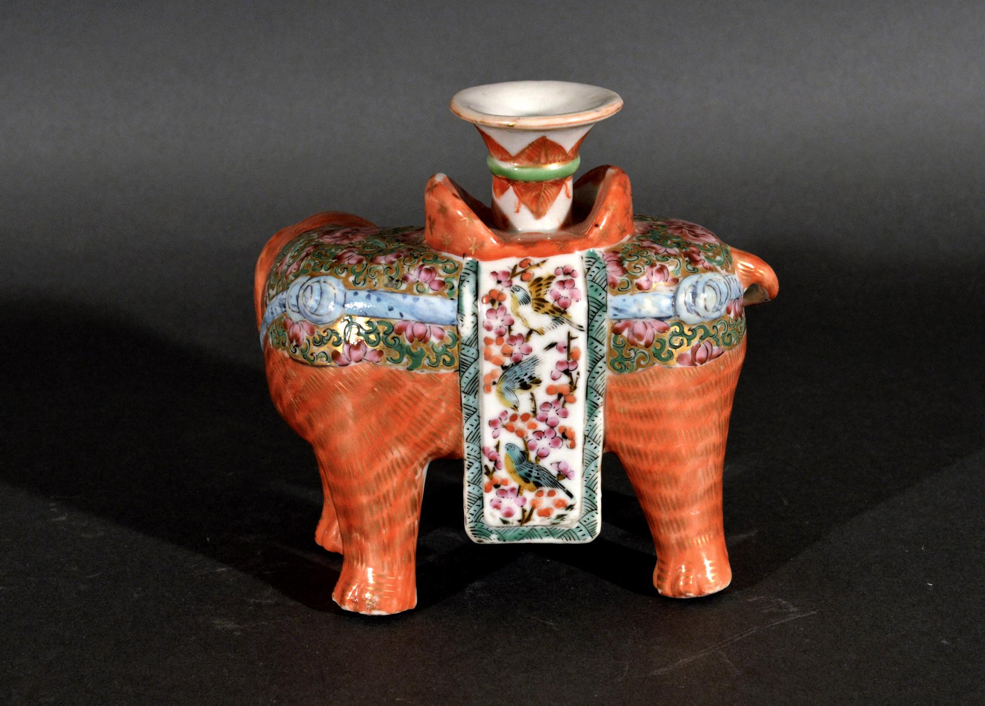 19th Century Chinese Export Porcelain Canton Famille Rose Elephant Modeled as a Candlestick