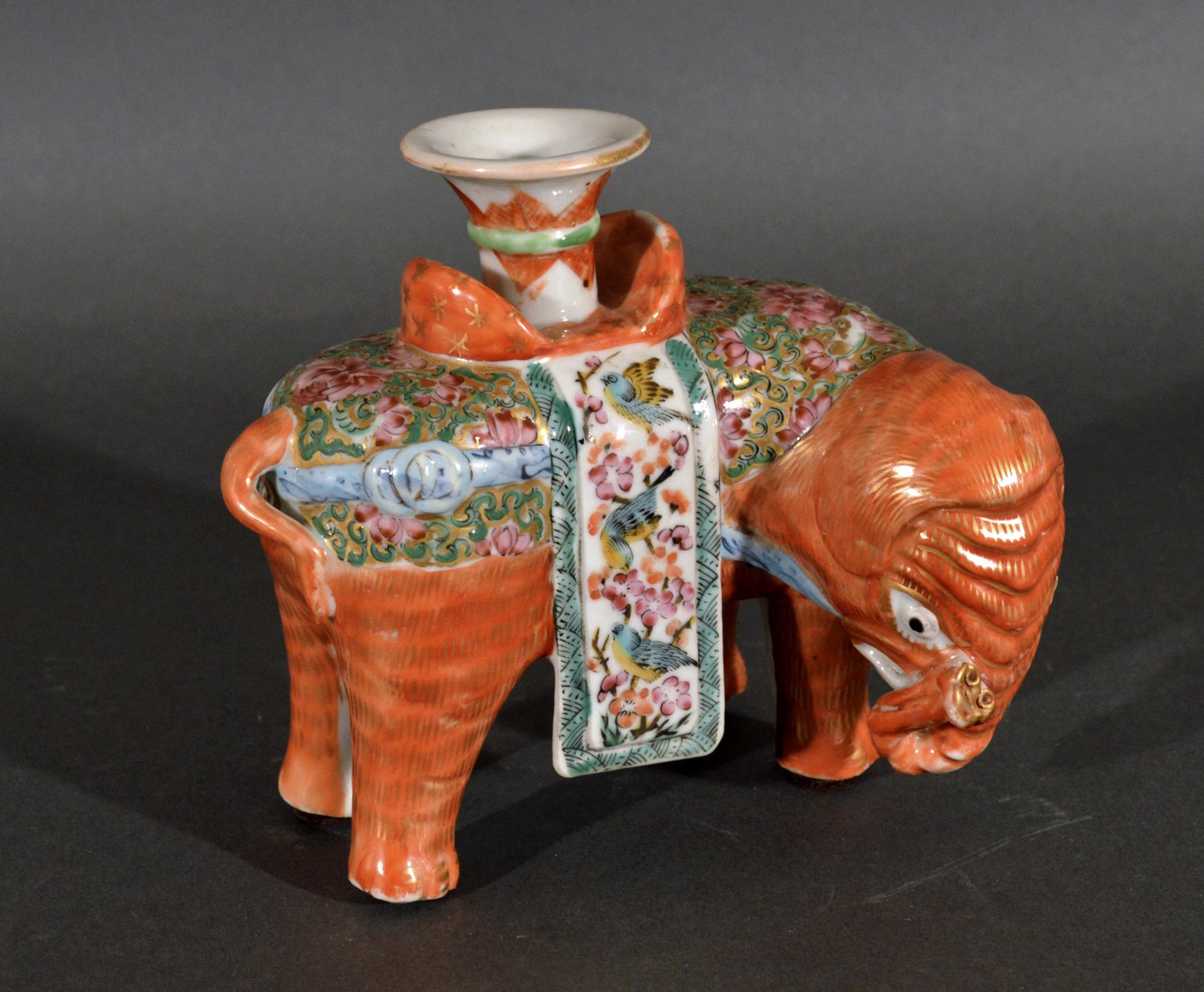 Chinese Export Porcelain Canton Famille Rose Elephant Modeled as a Candlestick 2