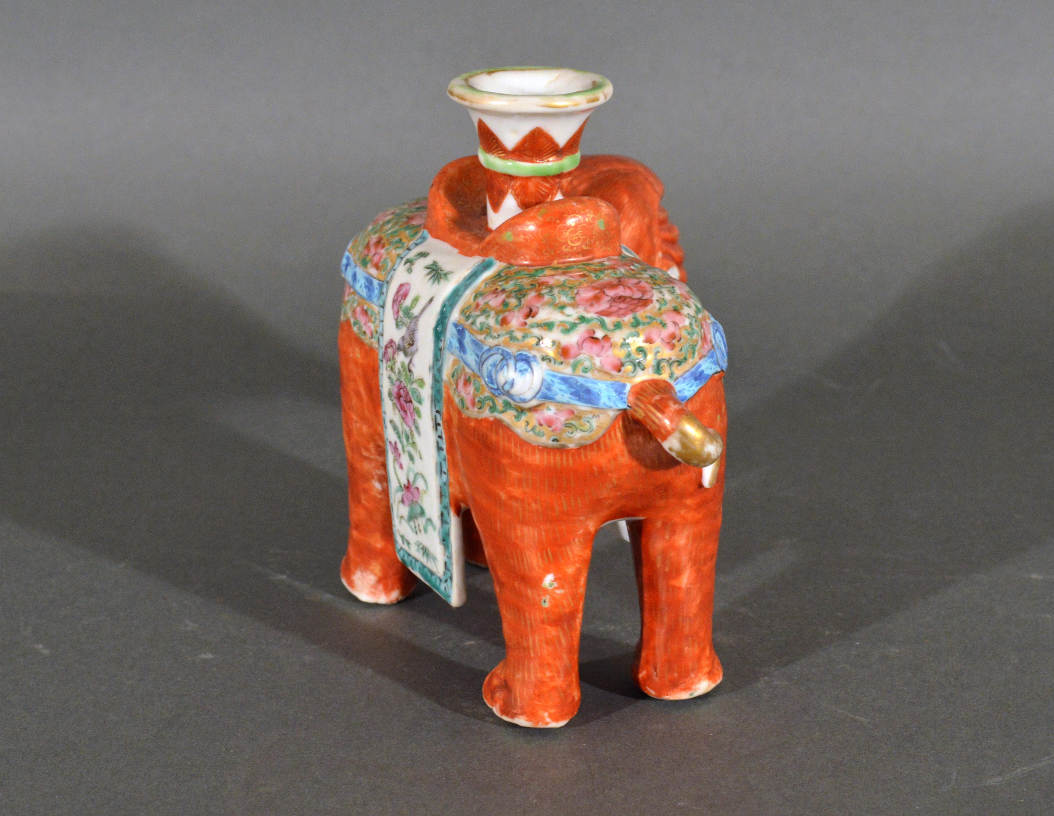 Chinese Export Porcelain Canton Famille Rose Elephant Modeled as a Candlestick For Sale 2