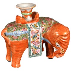 Chinese Export Porcelain Canton Famille Rose Elephant Modeled as a Candlestick