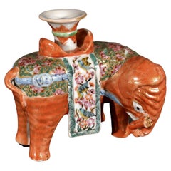 Antique Chinese Export Porcelain Canton Famille Rose Elephant Modeled as a Candlestick