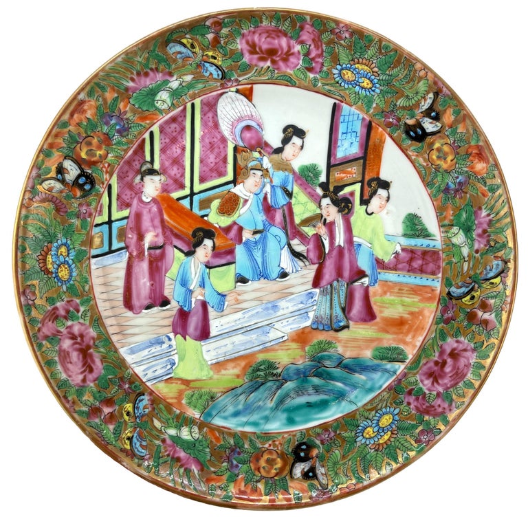 Chinese Export Porcelain Rose Mandarin Plate, Emperor and Court, ca. 1840 For Sale