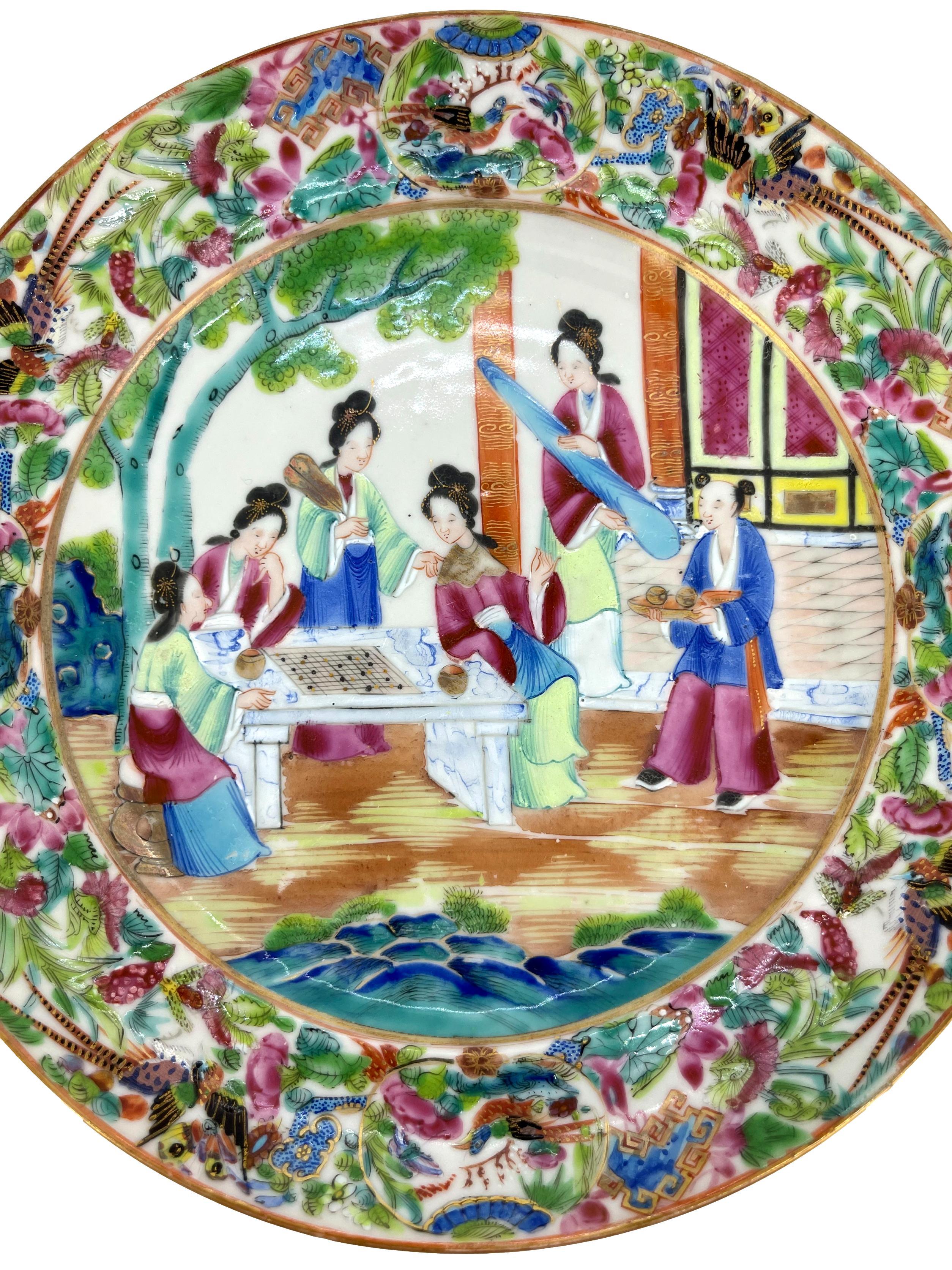Enameled Chinese Export Porcelain Canton Famille Rose Plate, Wei Qi Players, ca. 1840
