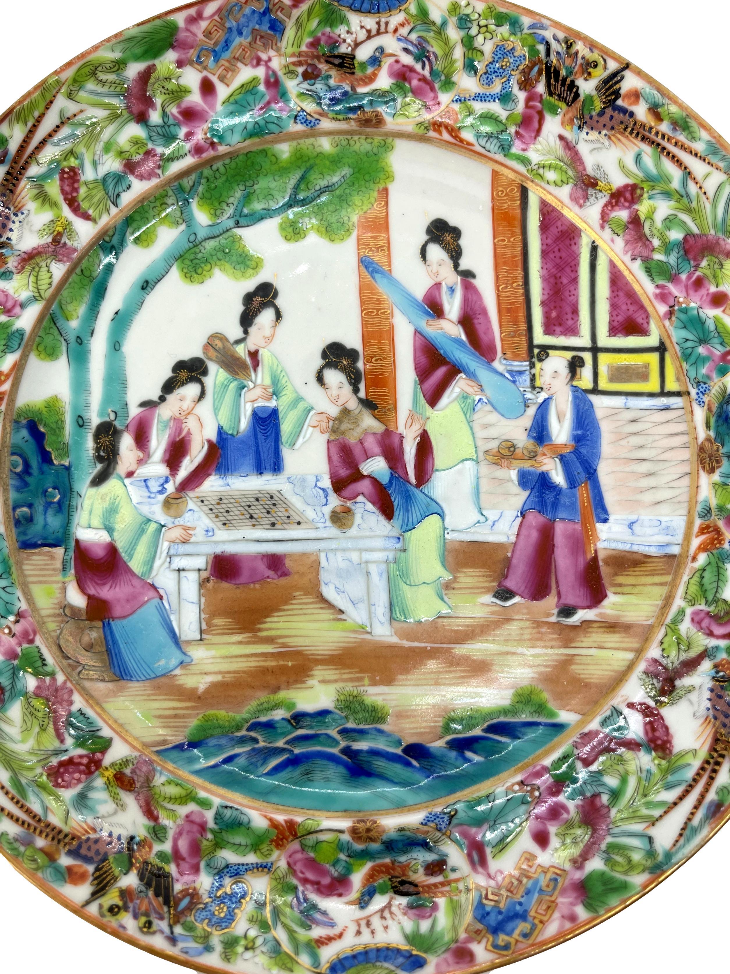 Mid-19th Century Chinese Export Porcelain Canton Famille Rose Plate, Wei Qi Players, ca. 1840