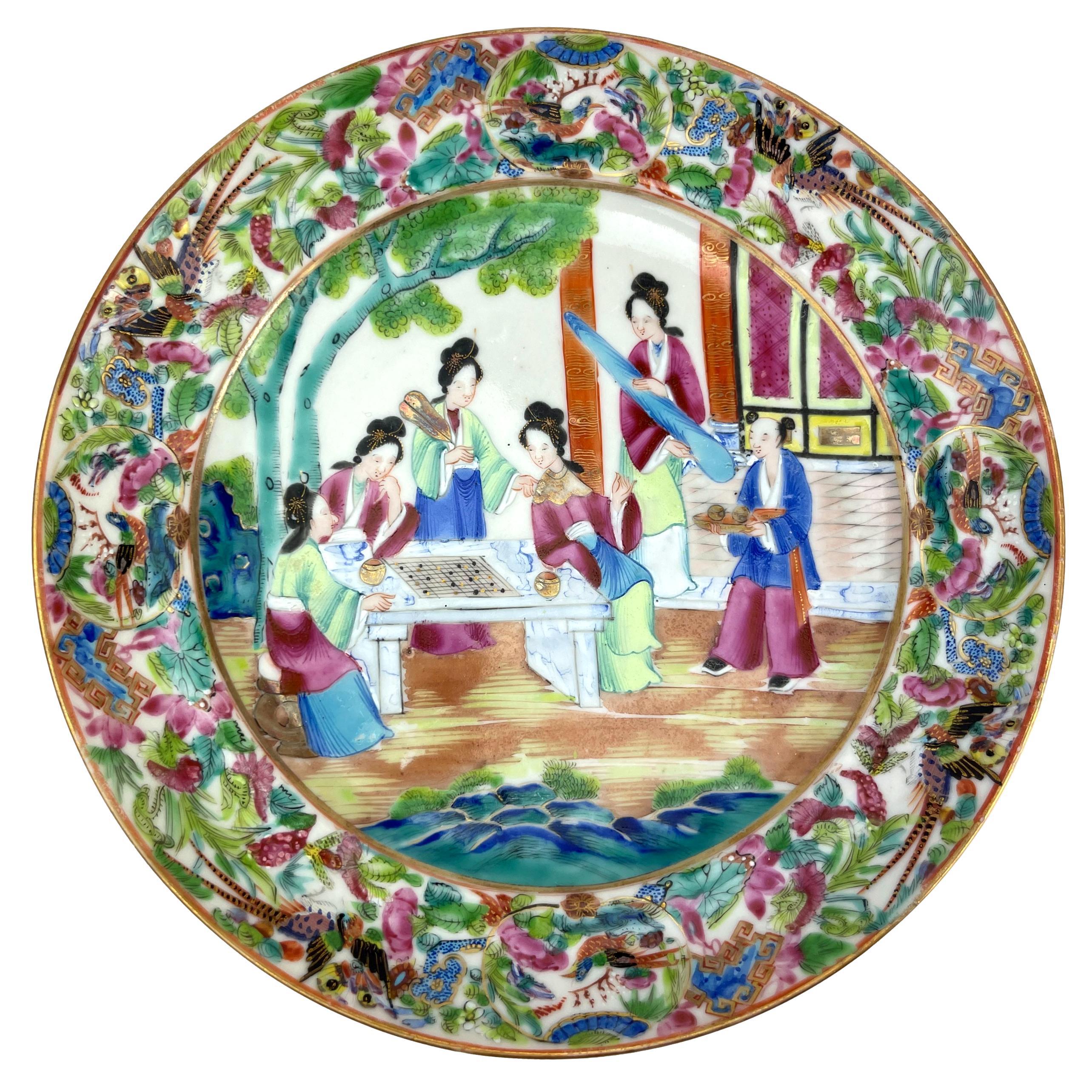 Chinese Export Porcelain Canton Famille Rose Plate, Wei Qi Players, ca. 1840
