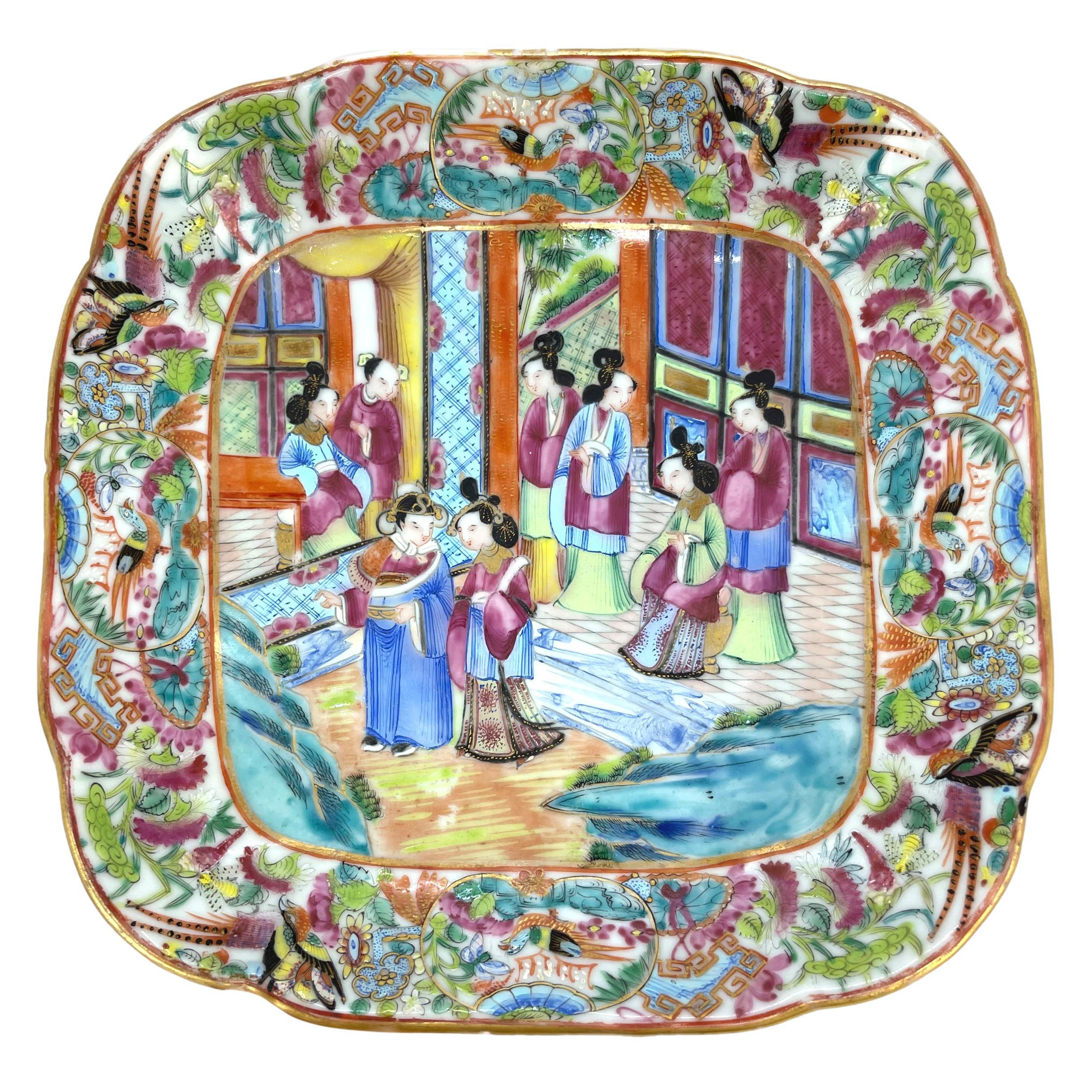 Chinese Export Porcelain Canton Famille Rose Square Dish, ca. 1820.