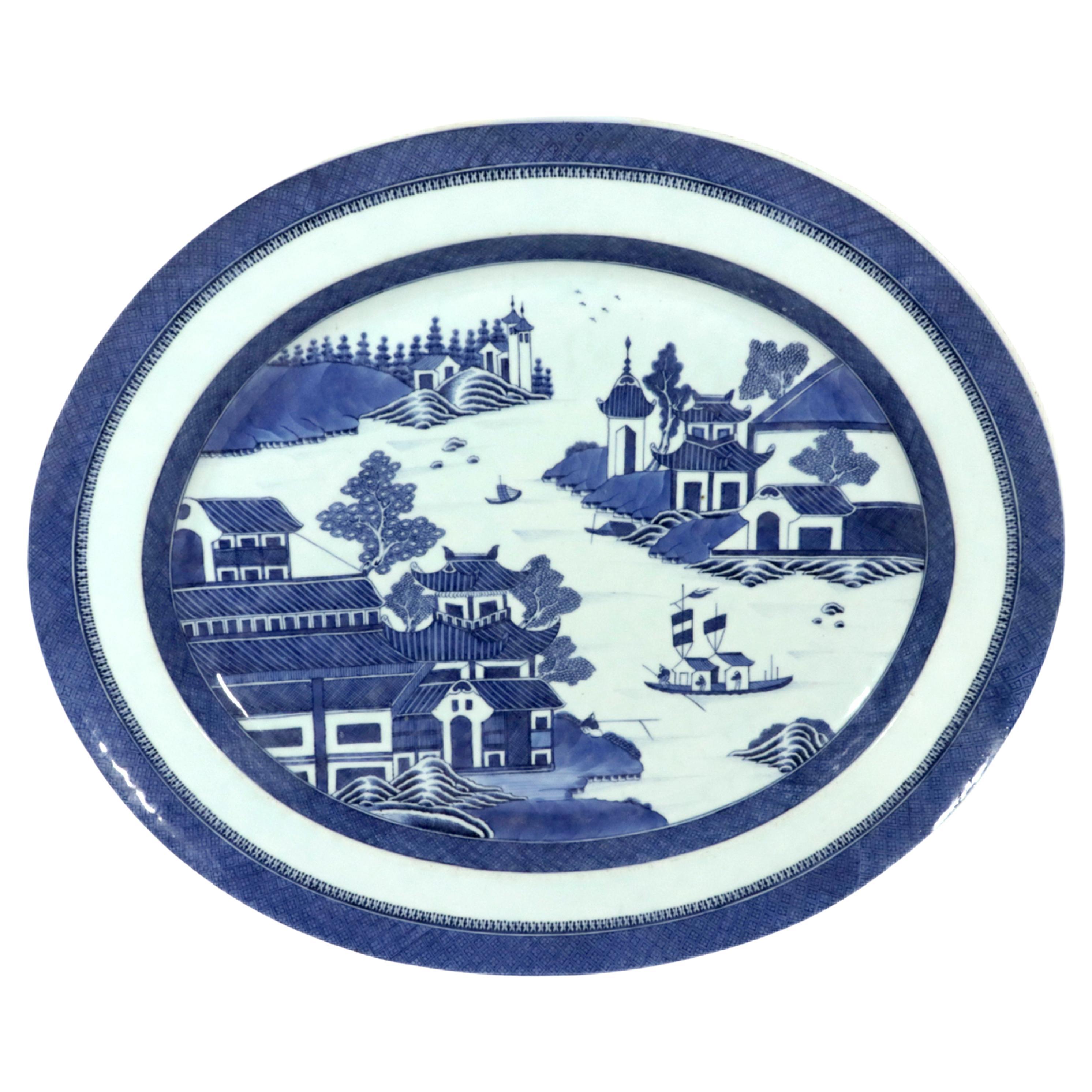Chinese Export Porcelain Canton Large Blue & White Serving Dish For Sale