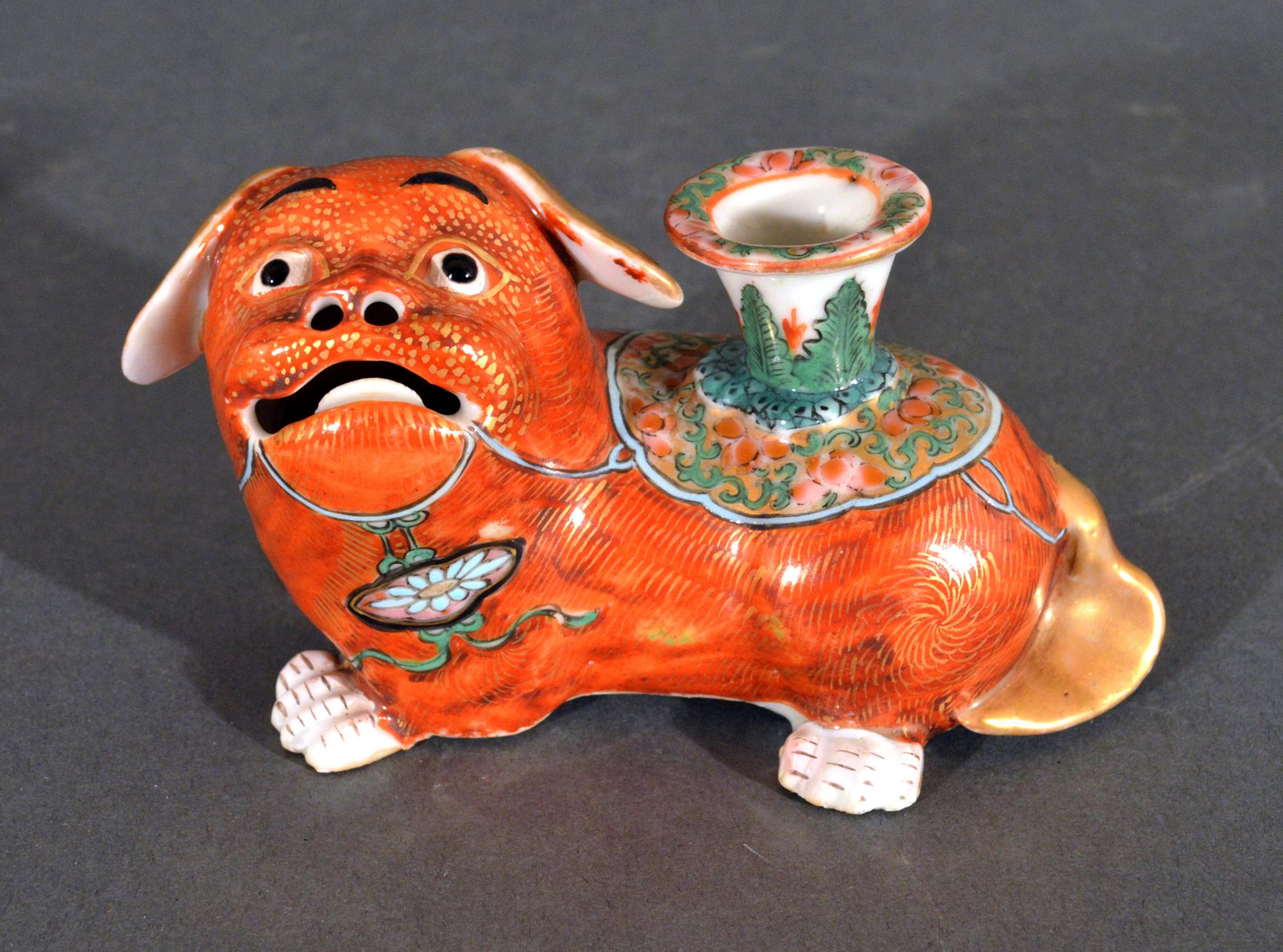 19th Century Chinese Export Porcelain Canton Pair of Foo Dog Candlesticks For Sale