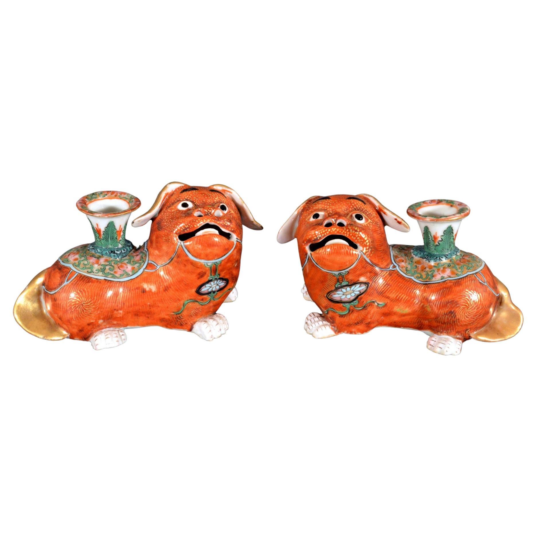 Chinese Export Porcelain Canton Pair of Foo Dog Candlesticks