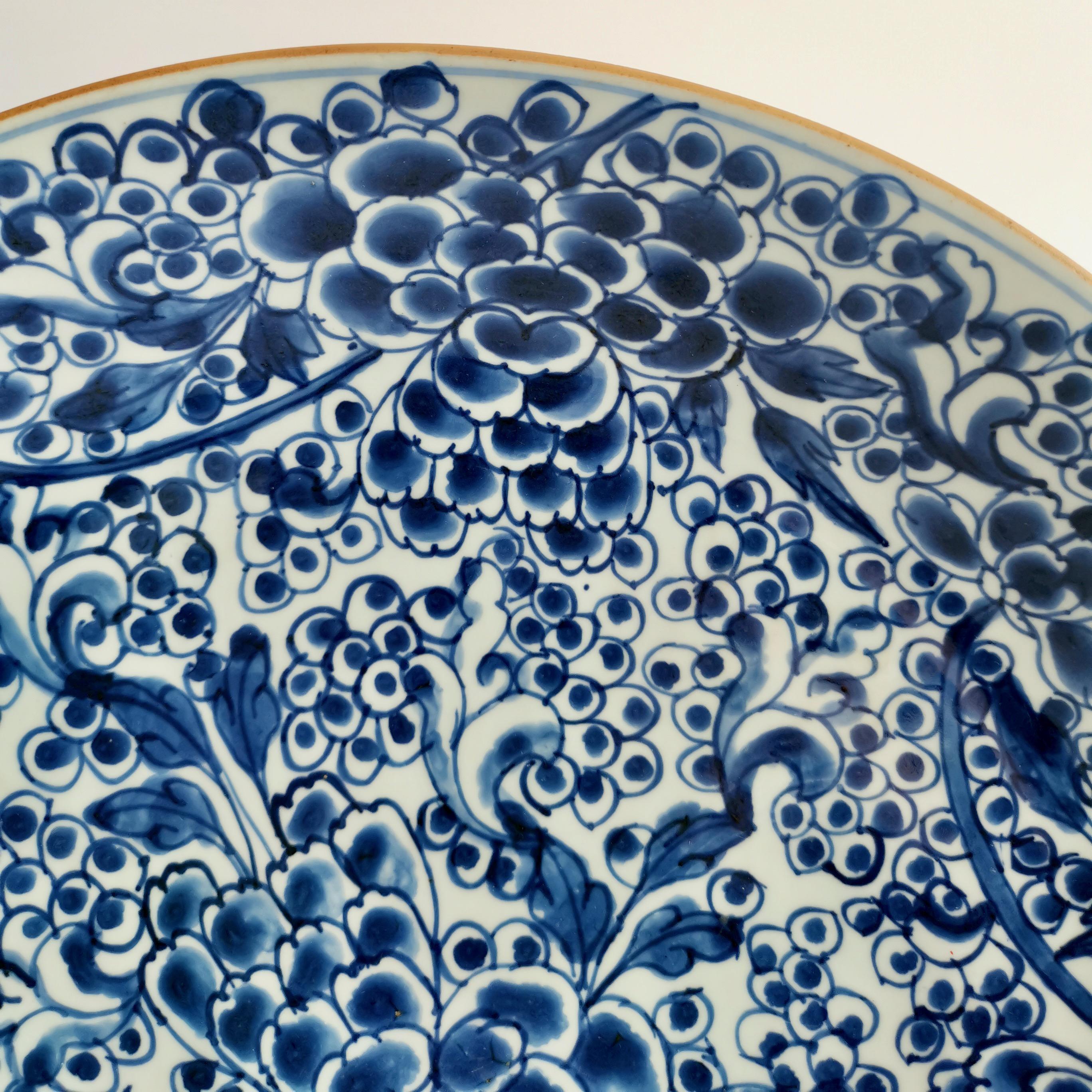 18th Century Chinese Export Porcelain Charger, Blue on White Peony & Frogspawn, Kangxi 18th C