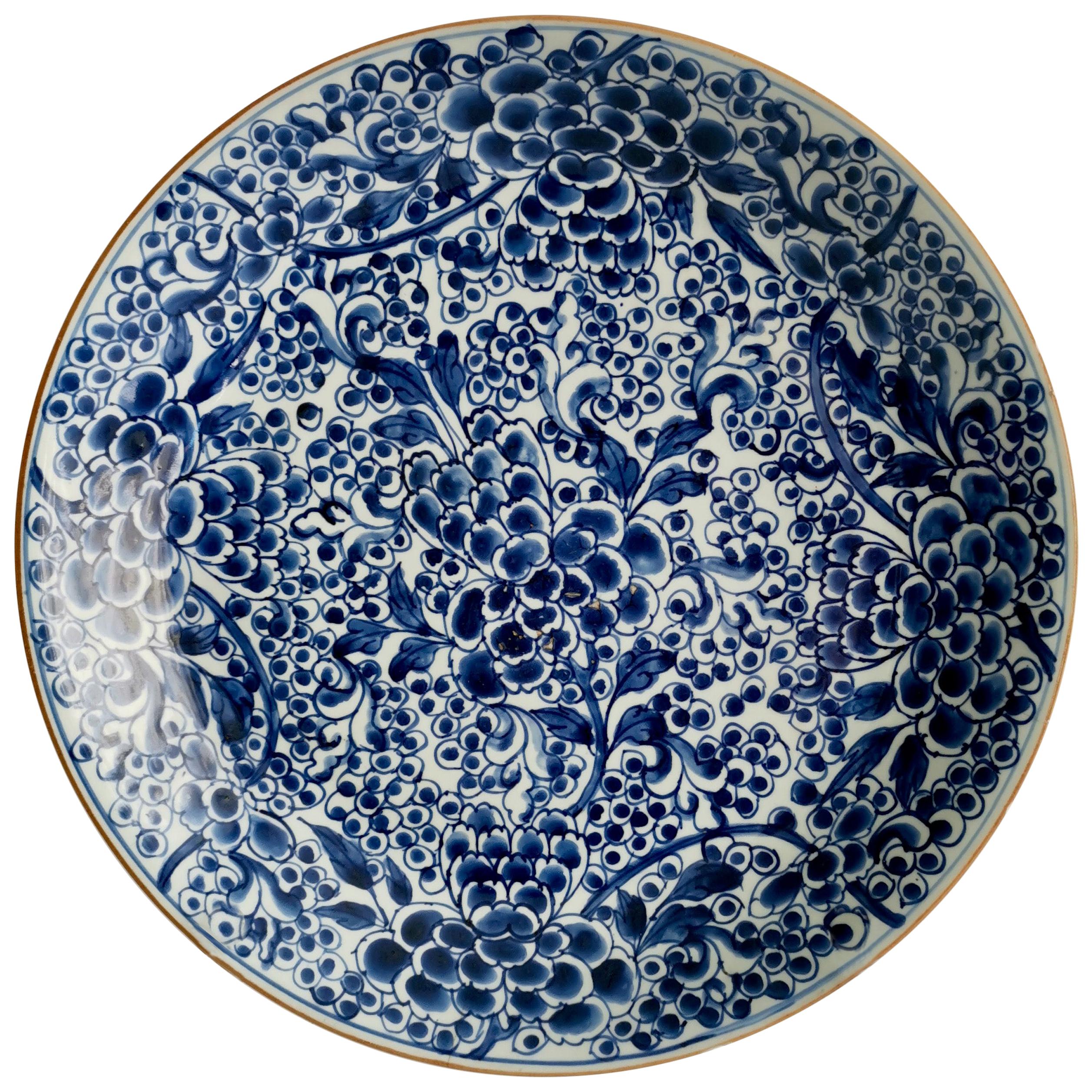 Chinese Export Porcelain Charger, Blue on White Peony & Frogspawn, Kangxi 18th C