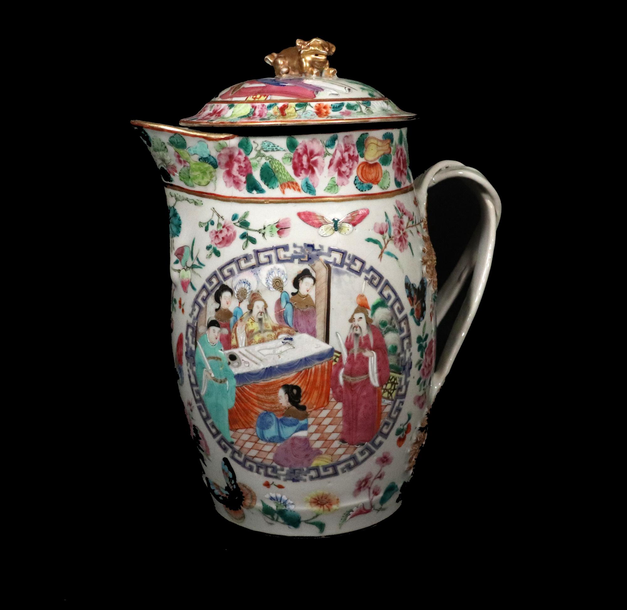 Chinese Export Porcelain Rose Mandarin Cider Jug and Cover
Circa 1810-25

The large Chinese Export porcelain cider jug and cover have two different circular scenes to each side bordered with a blue enamel and gold Greek Key pattern.  The white