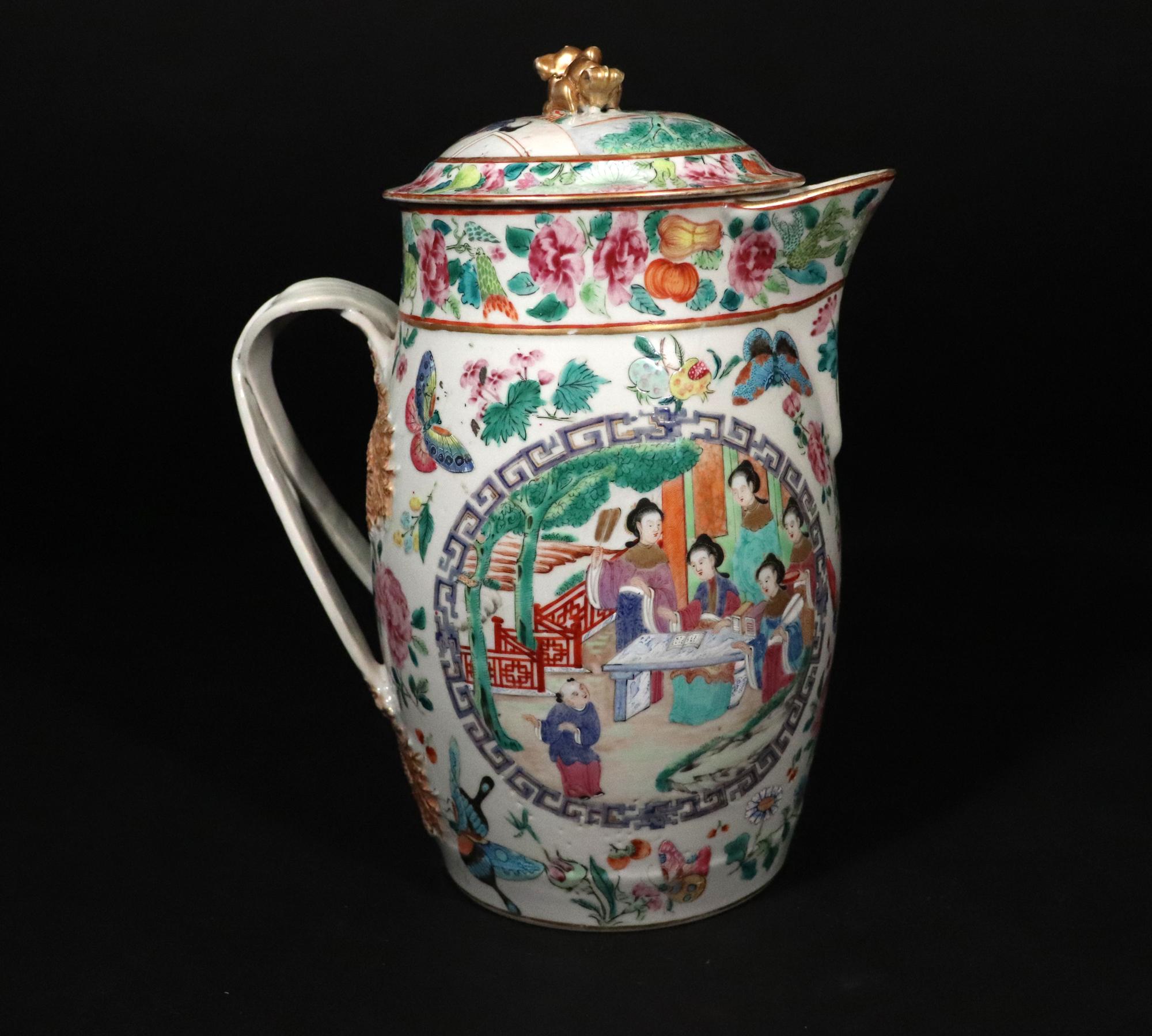 19th Century Chinese Export Porcelain Covered Rose Mandarin Cider Jug For Sale