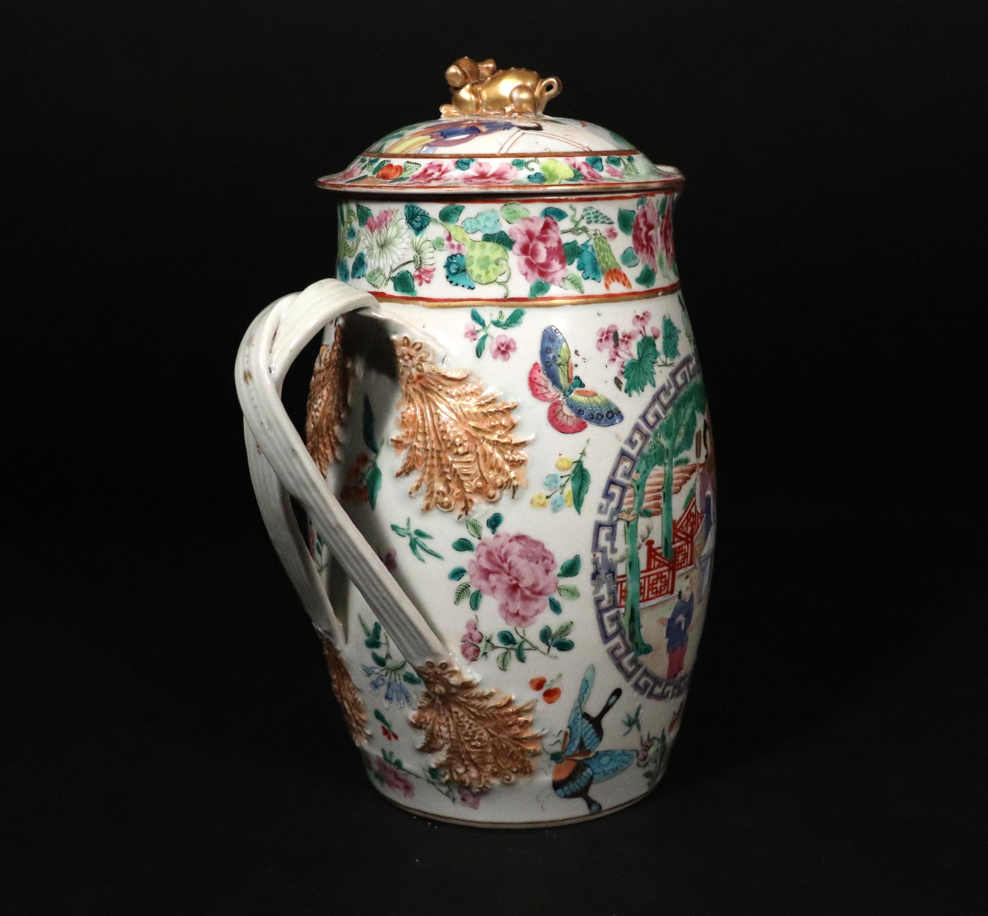 Chinese Export Porcelain Covered Rose Mandarin Cider Jug For Sale 1