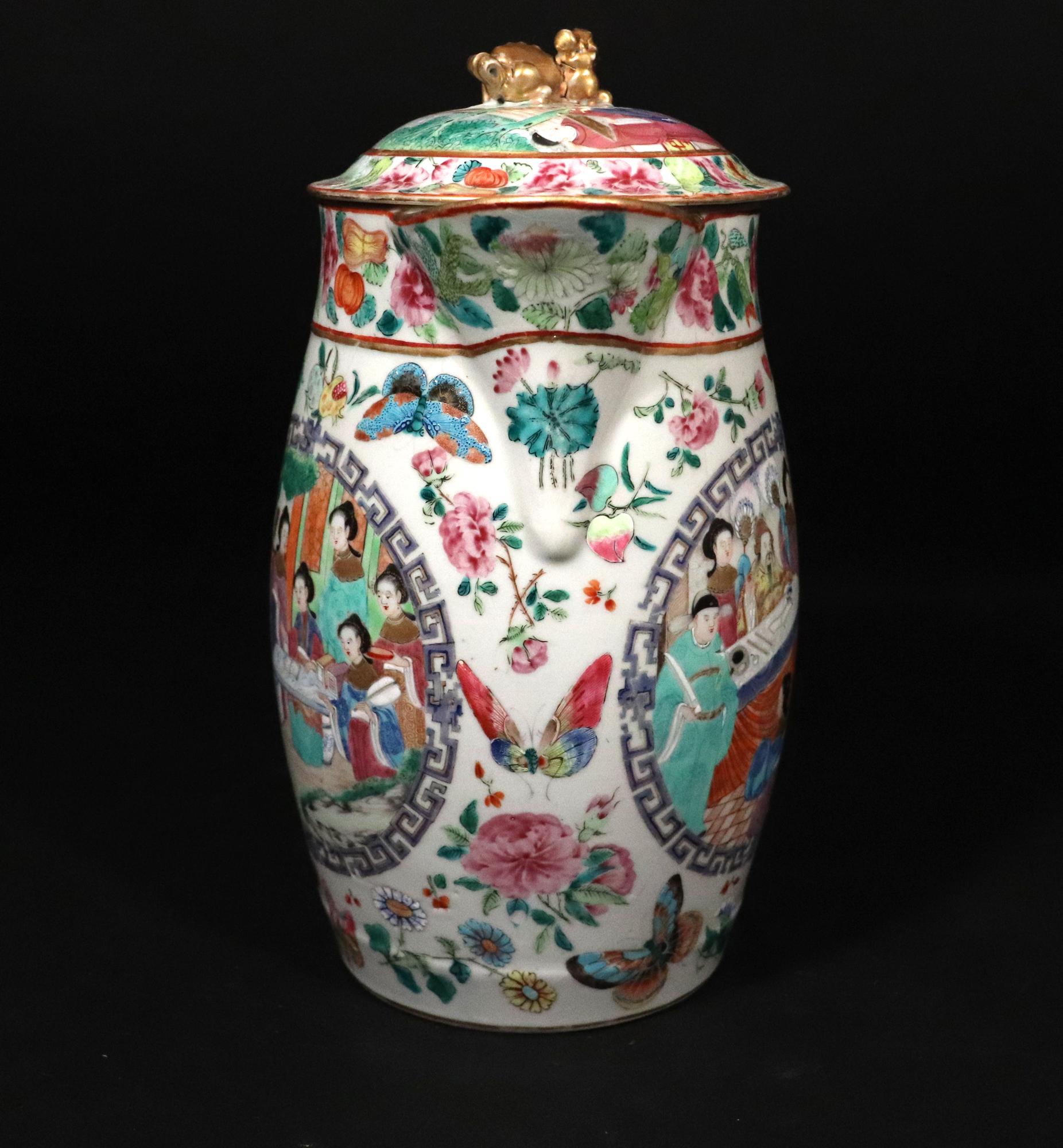 Chinese Export Porcelain Covered Rose Mandarin Cider Jug For Sale 3