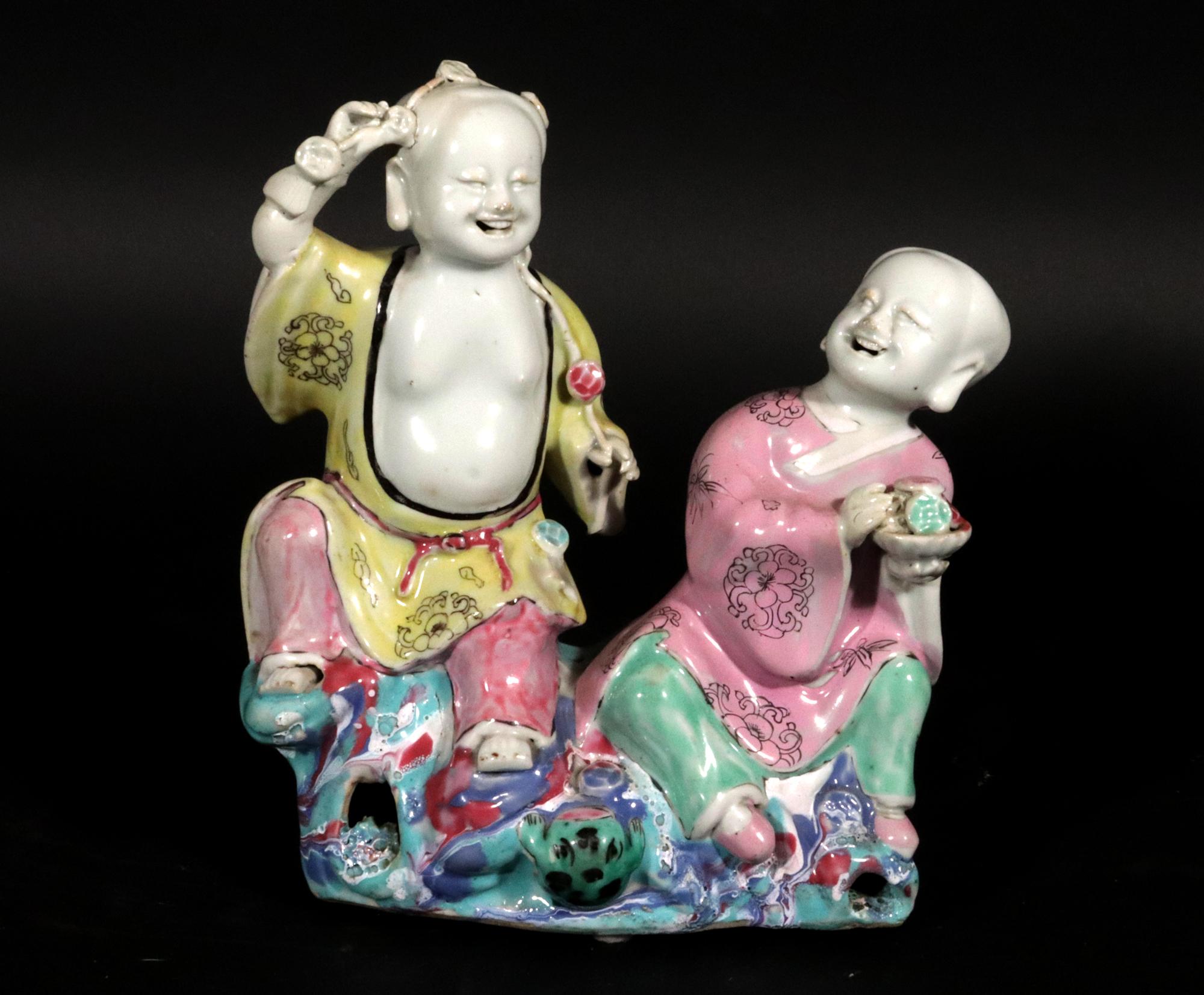 Late 18th Century Chinese Export Porcelain Double Boy Figure Group of Hehe Erxian For Sale