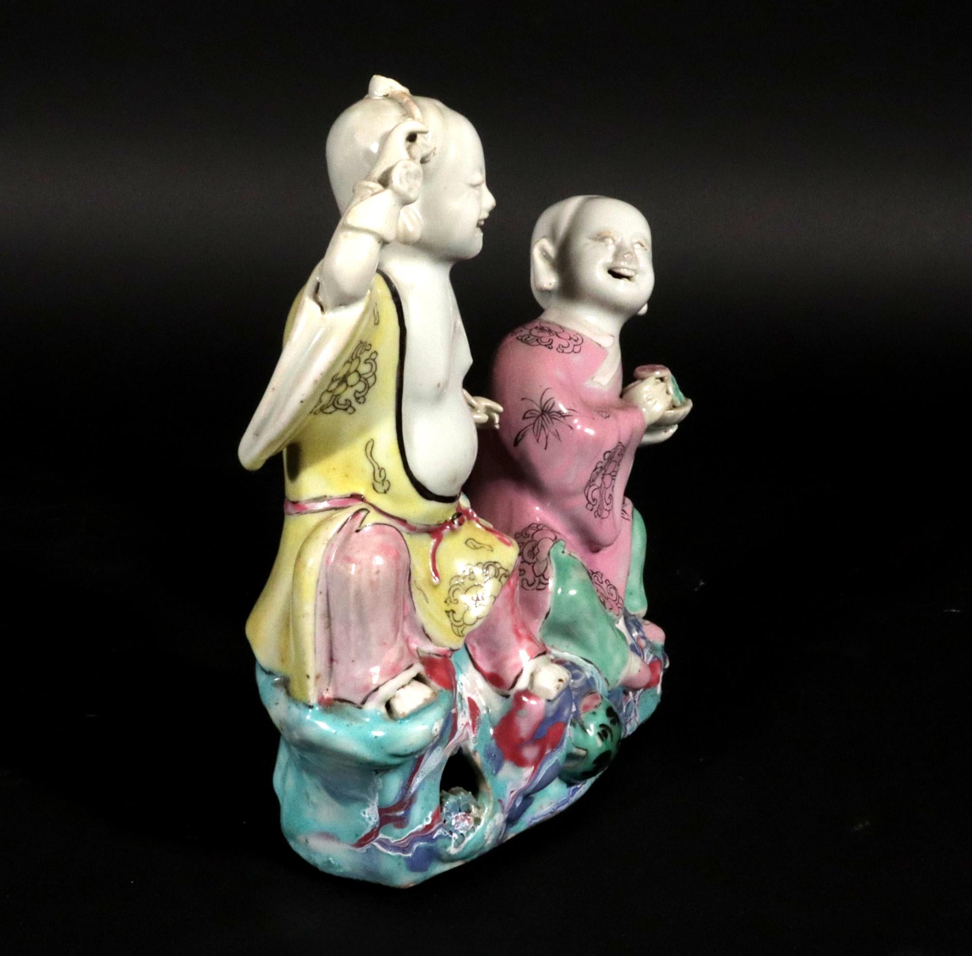 Chinese Export Porcelain Double Boy Figure Group of Hehe Erxian For Sale 1
