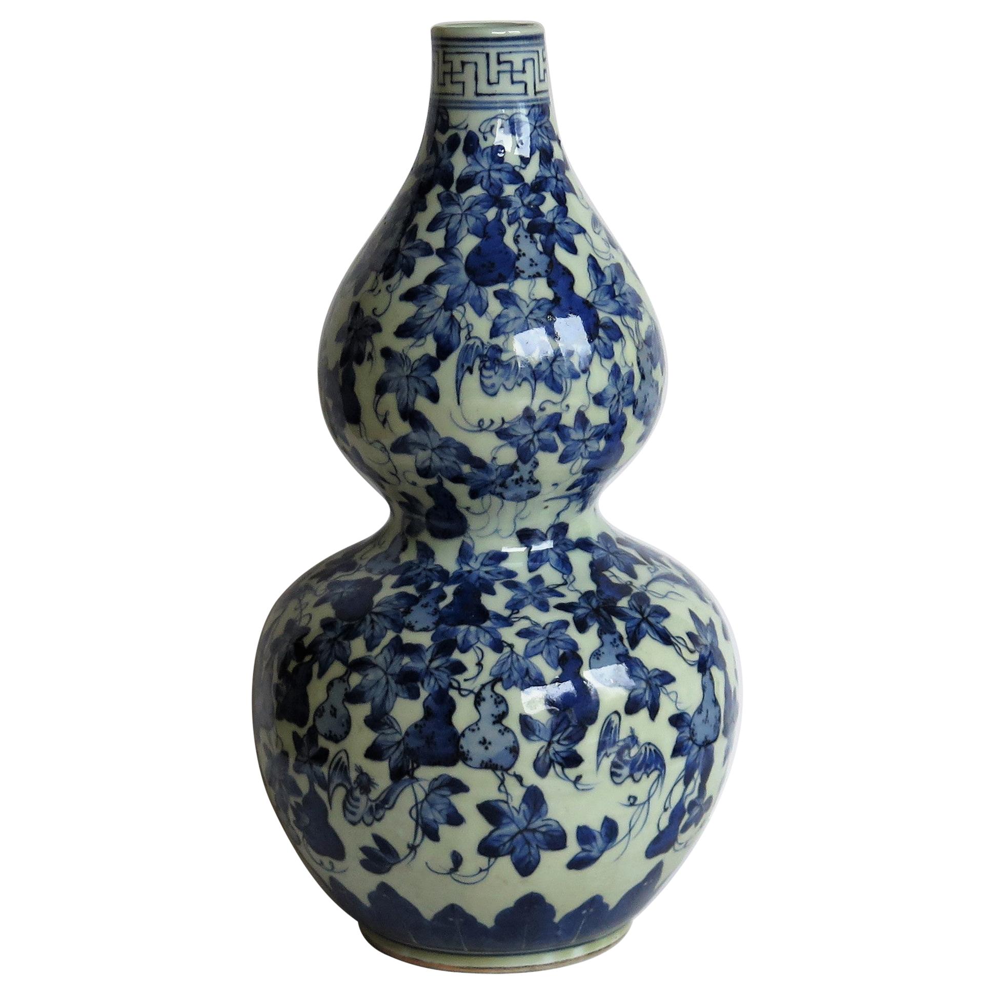 19thC Chinese Export Porcelain Double Gourd Vase Blue & White Hand Painted, Qing