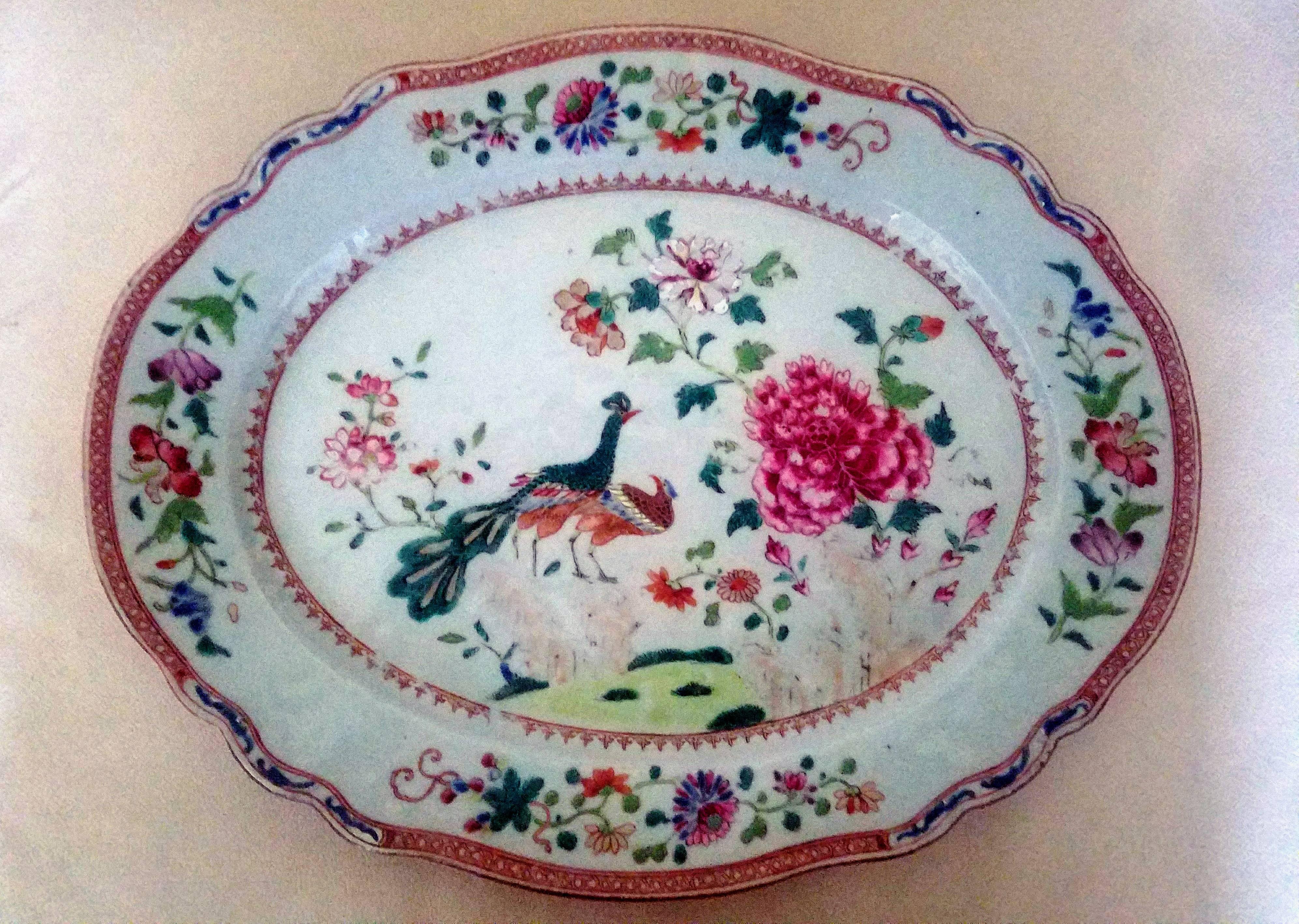 Chinese Export Porcelain Double Peacock Large Oval Pair of Dishes, circa 1765 In Excellent Condition In Downingtown, PA