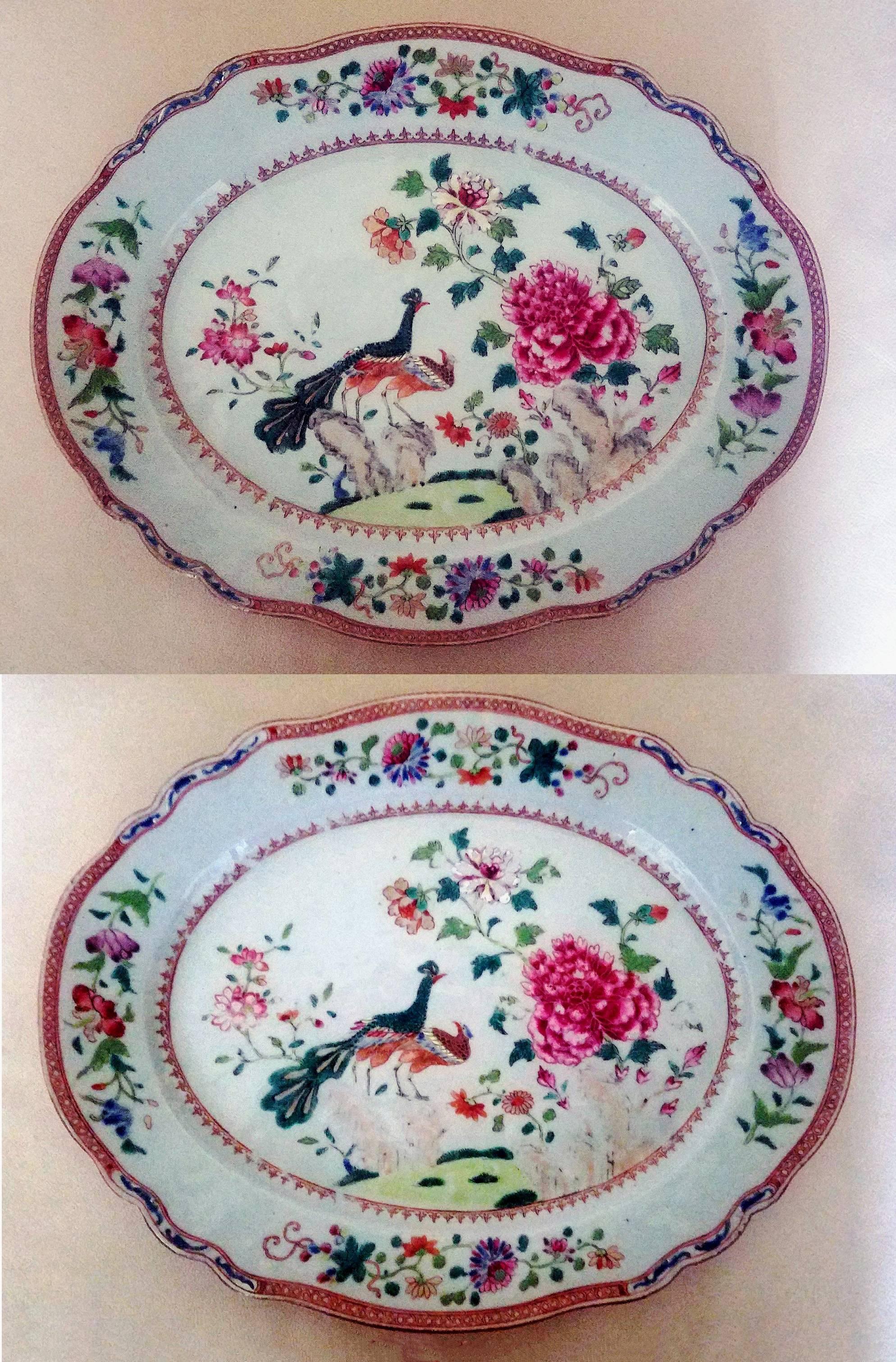 18th Century Chinese Export Porcelain Double Peacock Large Oval Pair of Dishes, circa 1765