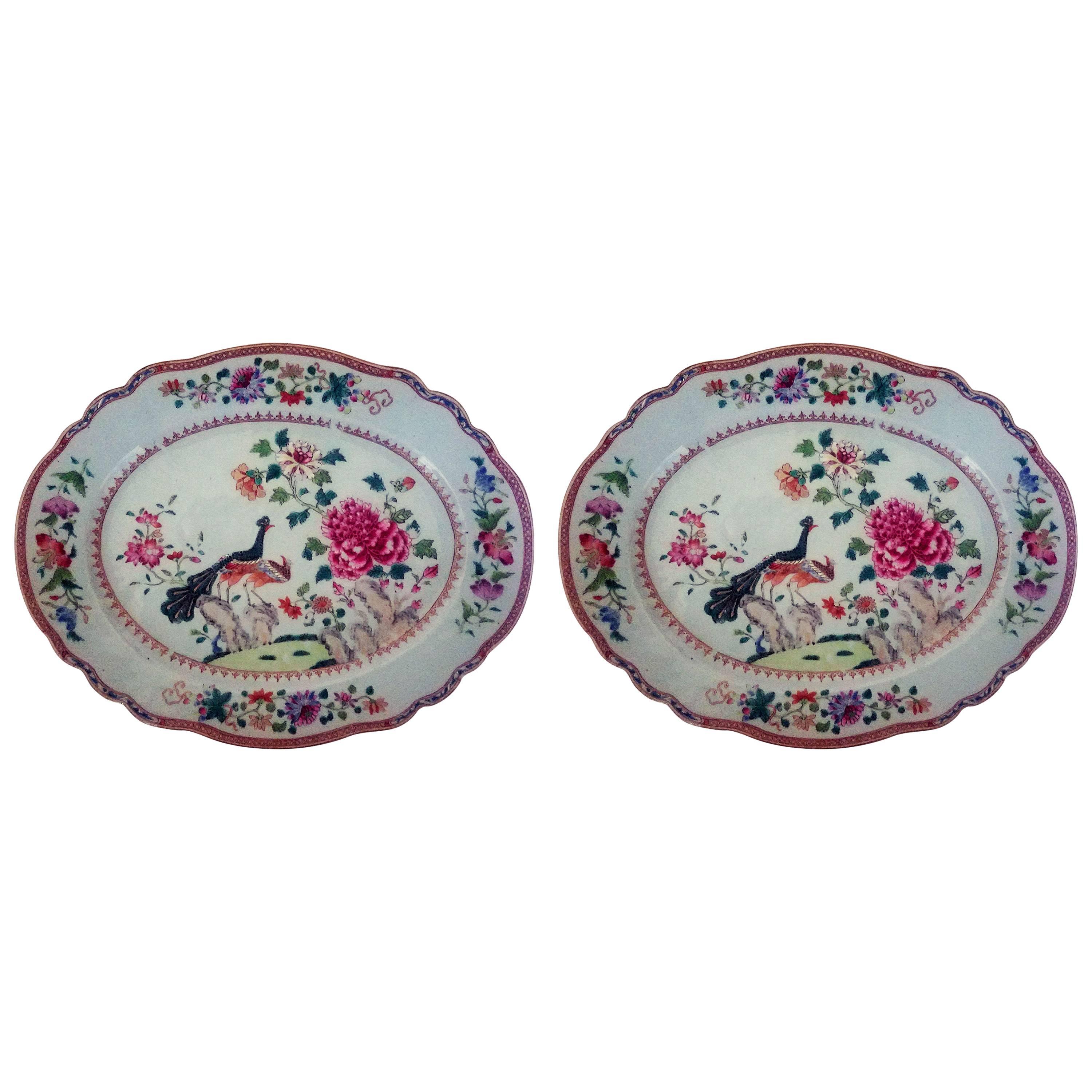 Chinese Export Porcelain Double Peacock Large Oval Pair of Dishes, circa 1765