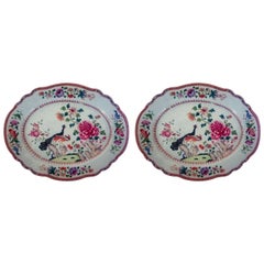 Chinese Export Porcelain Double Peacock Large Oval Pair of Dishes, circa 1765