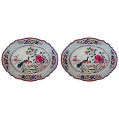 Antique Chinese Export Porcelain Double Peacock Large Oval Pair of Dishes, circa 1765