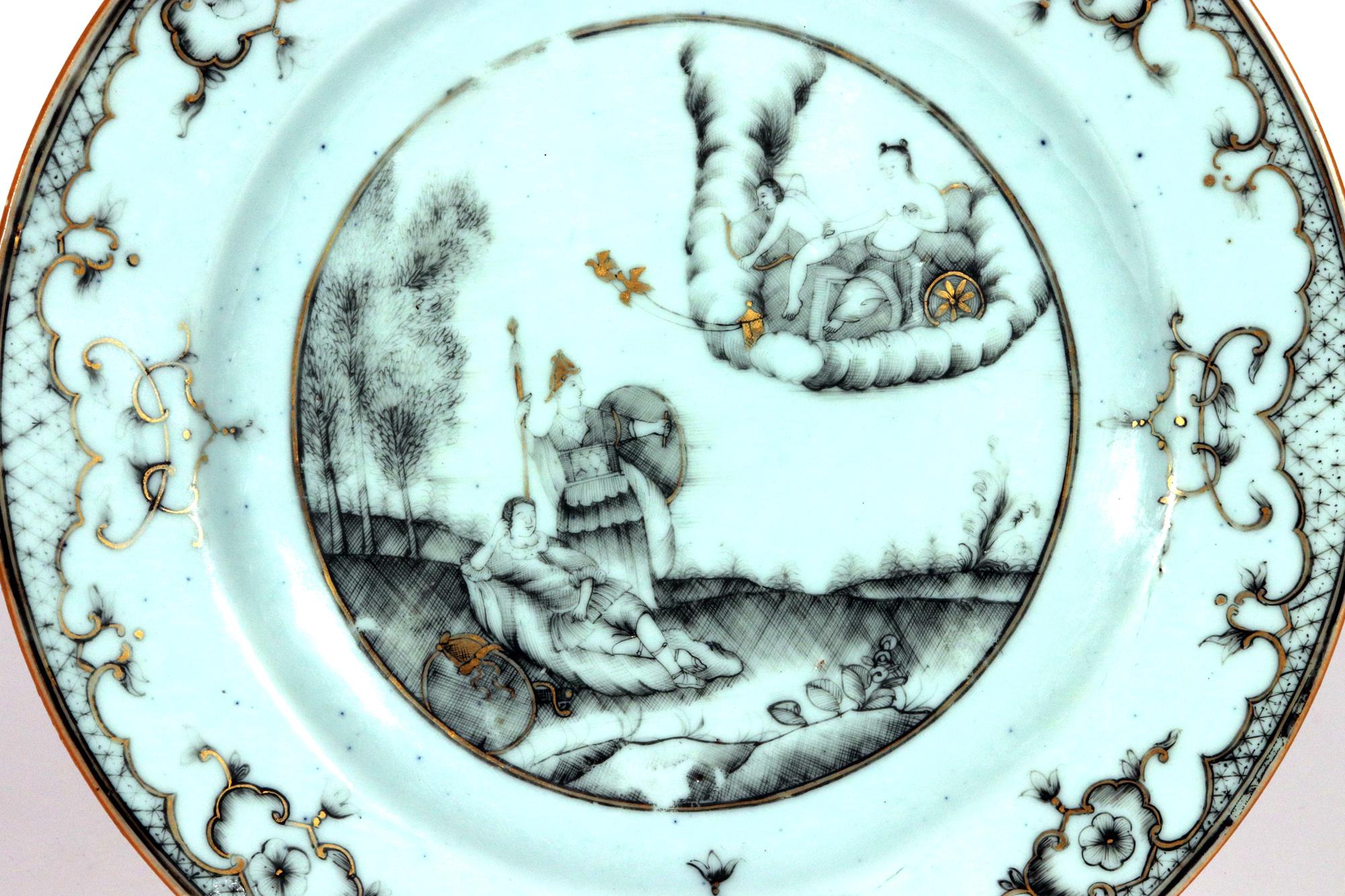 Chinese Export Porcelain En Grisaille Mythical Plate,
Venus, Cupid, Adonis and Minerva,
Circa 1745

The Chinese Export circular porcelain plate is painted en grisaille with a scene from Greek mythology.  Venus is in her chariot in a cloud above with